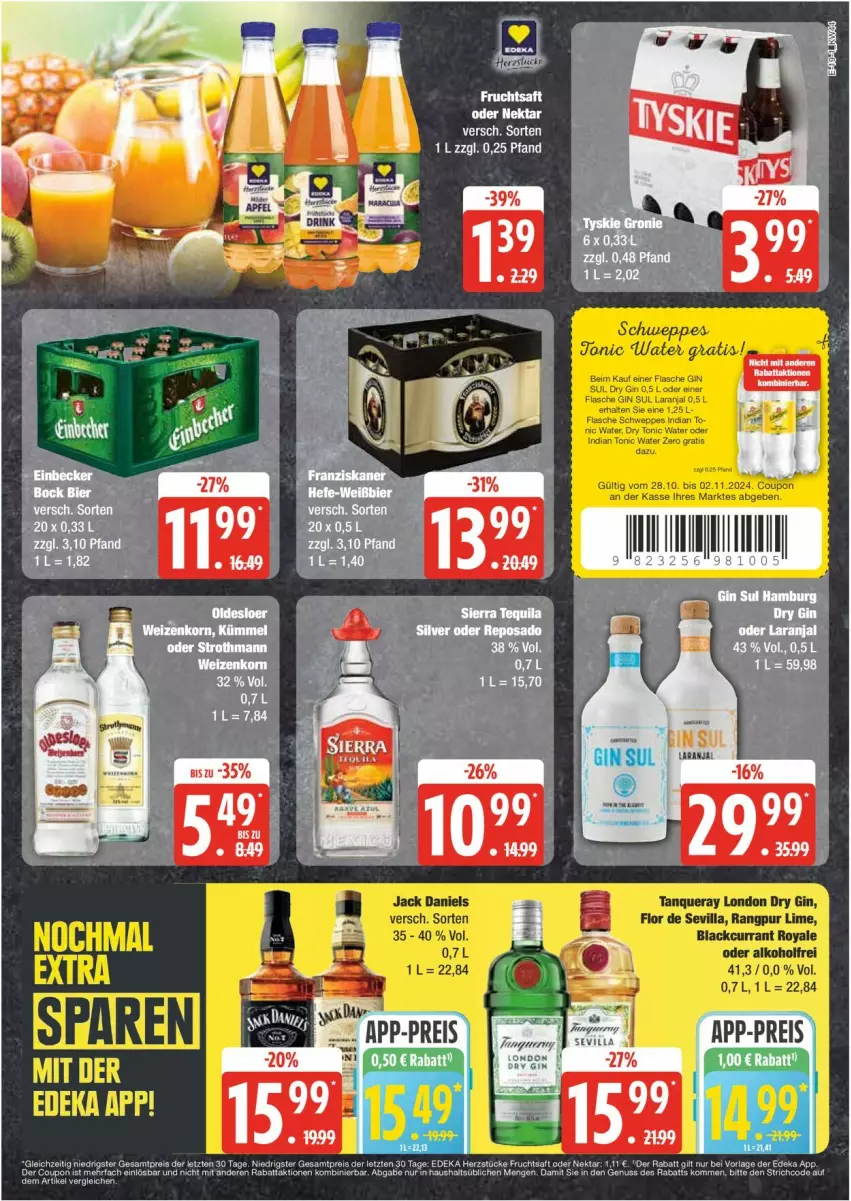 Aktueller Prospekt Edeka - Prospekte - von 28.10 bis 02.11.2024 - strona 19 - produkty: alkohol, bier, coupon, Currant, deka, dry gin, eier, eis, flasche, frucht, fruchtsaft, gin, jack daniel, jack daniels, lack, LG, london dry, london dry gin, Nektar, nuss, reis, saft, schweppes, Tanqueray, Ti, tonic, tonic water, ZTE