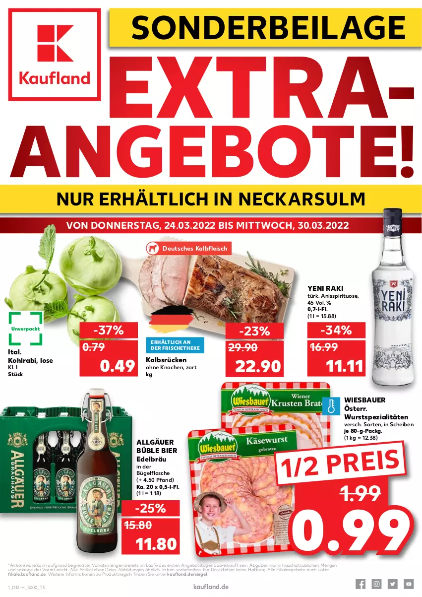 Aktueller Prospekt Kaufland - Spezielle Angebote - von 24.03 bis 30.03.2022 - strona 1 - produkty: angebot, angebote, auer, Bau, Bauer, bier, bügel, bügelflasche, eis, flasche, fleisch, ilag, Kalbfleisch, kohlrabi, LG, reis, Spezi, Ti, wiesbauer, wurst, yeni raki, ZTE