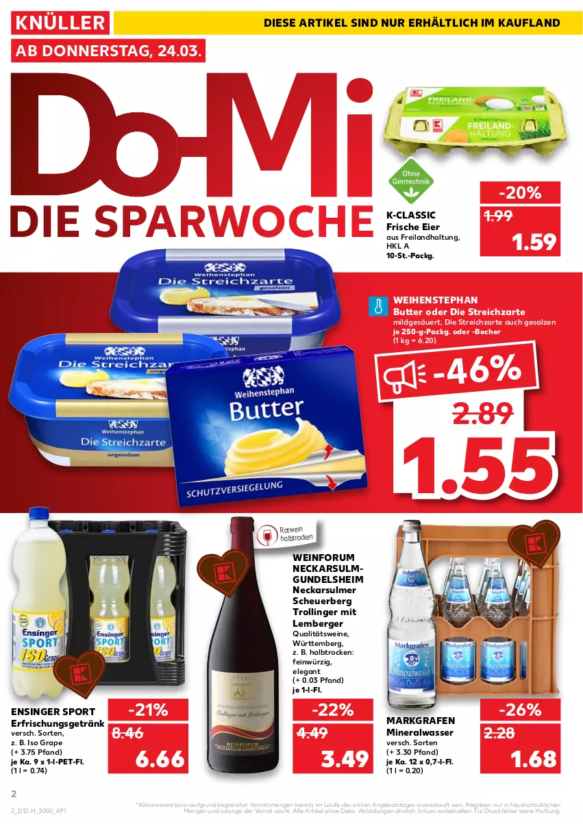 Aktueller Prospekt Kaufland - Spezielle Angebote - von 24.03 bis 30.03.2022 - strona 2 - produkty: Alwa, angebot, Becher, Berger, butter, eier, erfrischungsgetränk, getränk, Heu, mineralwasser, qualitätswein, qualitätsweine, rotwein, rum, salz, Sport, Streichzart, Ti, trolli, trollinger, wasser, weihenstephan, wein, weine, ZTE