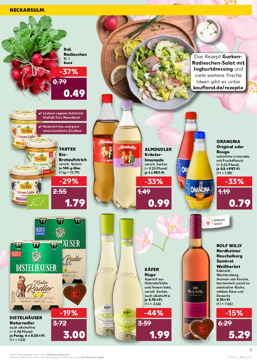 Aktueller Prospekt Kaufland - Spezielle Angebote - von 24.03 bis 30.03.2022 - strona 5 - produkty: alkohol, almdudler, angebot, angebote, aperitif, aufstrich, bio, Blüte, brot, brotaufstrich, dessert, desserts, dressing, eimer, eis, fleisch, frucht, fruchtfleisch, gin, gurke, gurken, Heu, holunder, holunderblüte, hugo, joghur, joghurt, kabinett, käfer, Käse, kirsch, kirsche, kräuter, küche, limo, limonade, mit frucht, natur, orangina, radieschen, radler, rezept, rezepte, roséwein, rouge, salat, sekt, Ti, tisch, wein