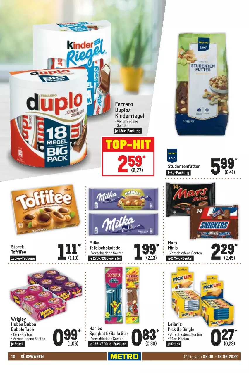 Aktueller Prospekt Metro - Food - von 09.06 bis 15.06.2022 - strona 10 - produkty: ball, beutel, duplo, ente, ferrero, haribo, Kinder, leibniz, mars, milka, riegel, schoko, schokolade, spaghetti, storck, studentenfutter, süsswaren, tafelschokolade, Ti, toffifee, top-hit