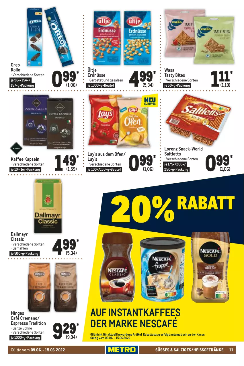 Aktueller Prospekt Metro - Food - von 09.06 bis 15.06.2022 - strona 11 - produkty: auto, beutel, bites, bohne, dallmayr, eis, erdnüsse, espresso, getränk, getränke, instantkaffee, kaffee, LG, lorenz, Nescafé, Ofen, oreo, saltletts, salz, snack, Ti, tisch, ültje, ültje erdnüsse, wasa