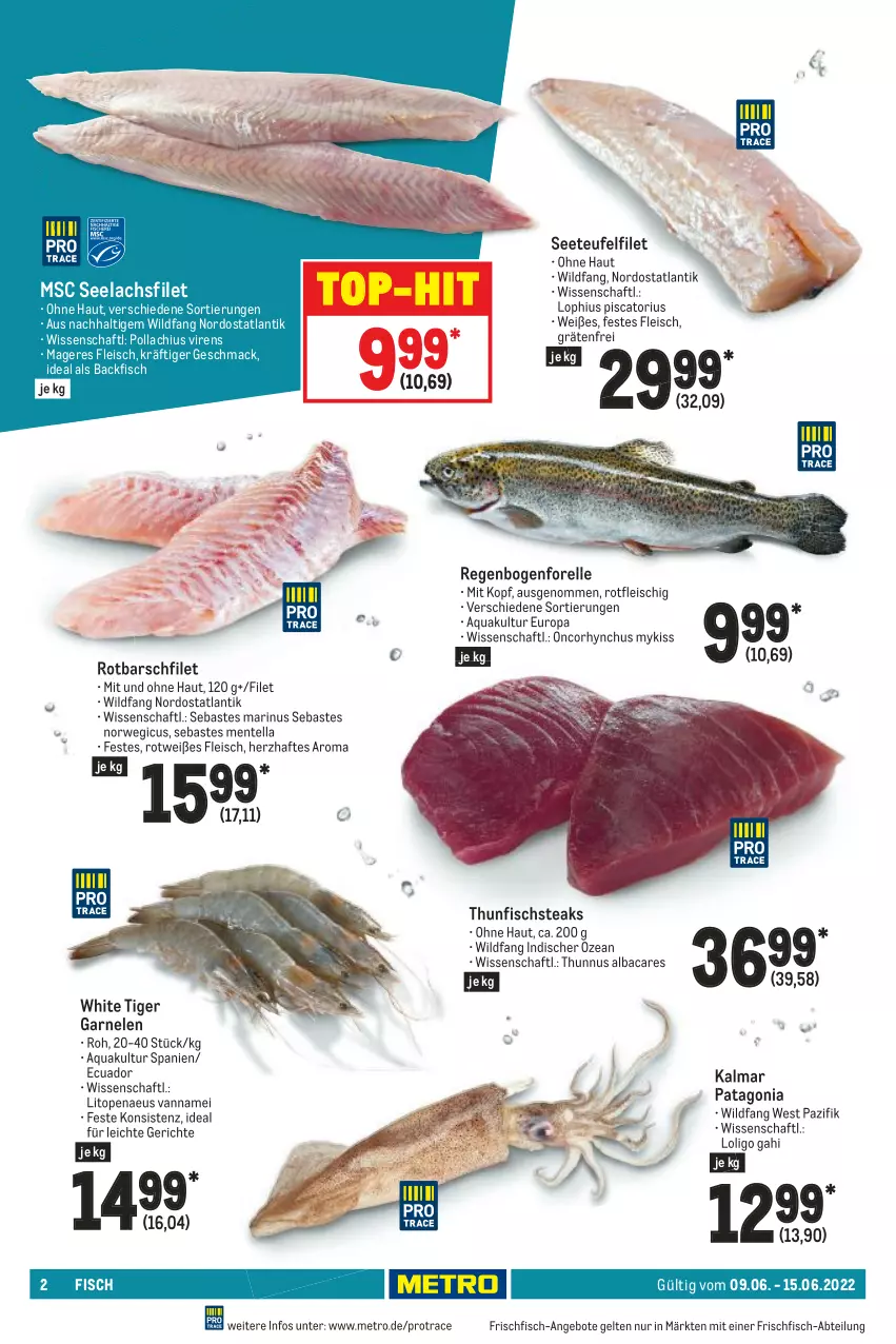 Aktueller Prospekt Metro - Food - von 09.06 bis 15.06.2022 - strona 2 - produkty: Abtei, angebot, angebote, aqua, backfisch, eis, elle, ente, filet, fisch, fleisch, forelle, frischfisch, garnelen, lachs, lachsfilet, mac, Metro, rel, Rotbarsch, rotbarschfilet, rwe, seelachsfilet, steak, steaks, thunfisch, Ti, top-hit, Wild