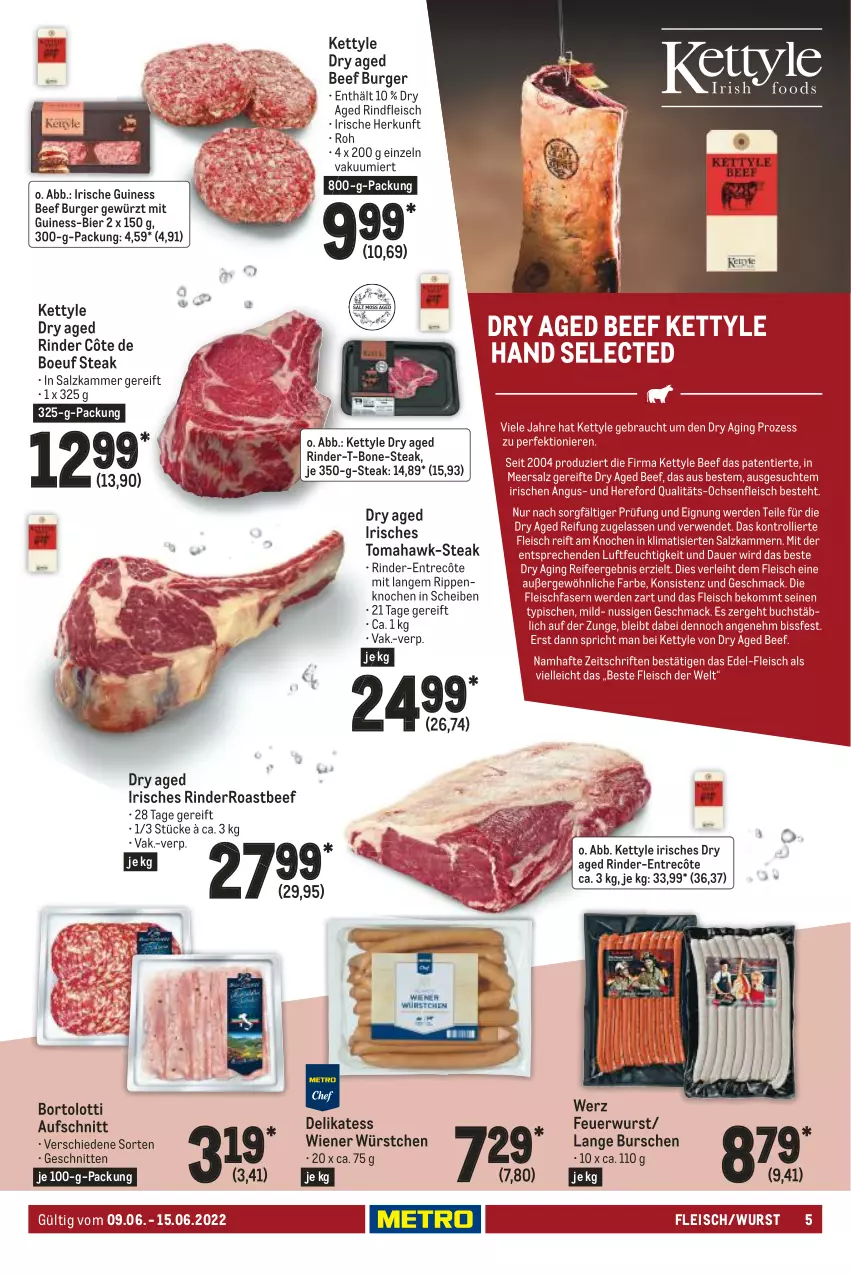 Aktueller Prospekt Metro - Food - von 09.06 bis 15.06.2022 - strona 5 - produkty: aufschnitt, beef, bier, burger, eis, entrecôte, fleisch, gewürz, rind, rinder, rindfleisch, Rippen, roastbeef, salz, schnitten, steak, Ti, wiener, wiener würstchen, wurst, würstchen