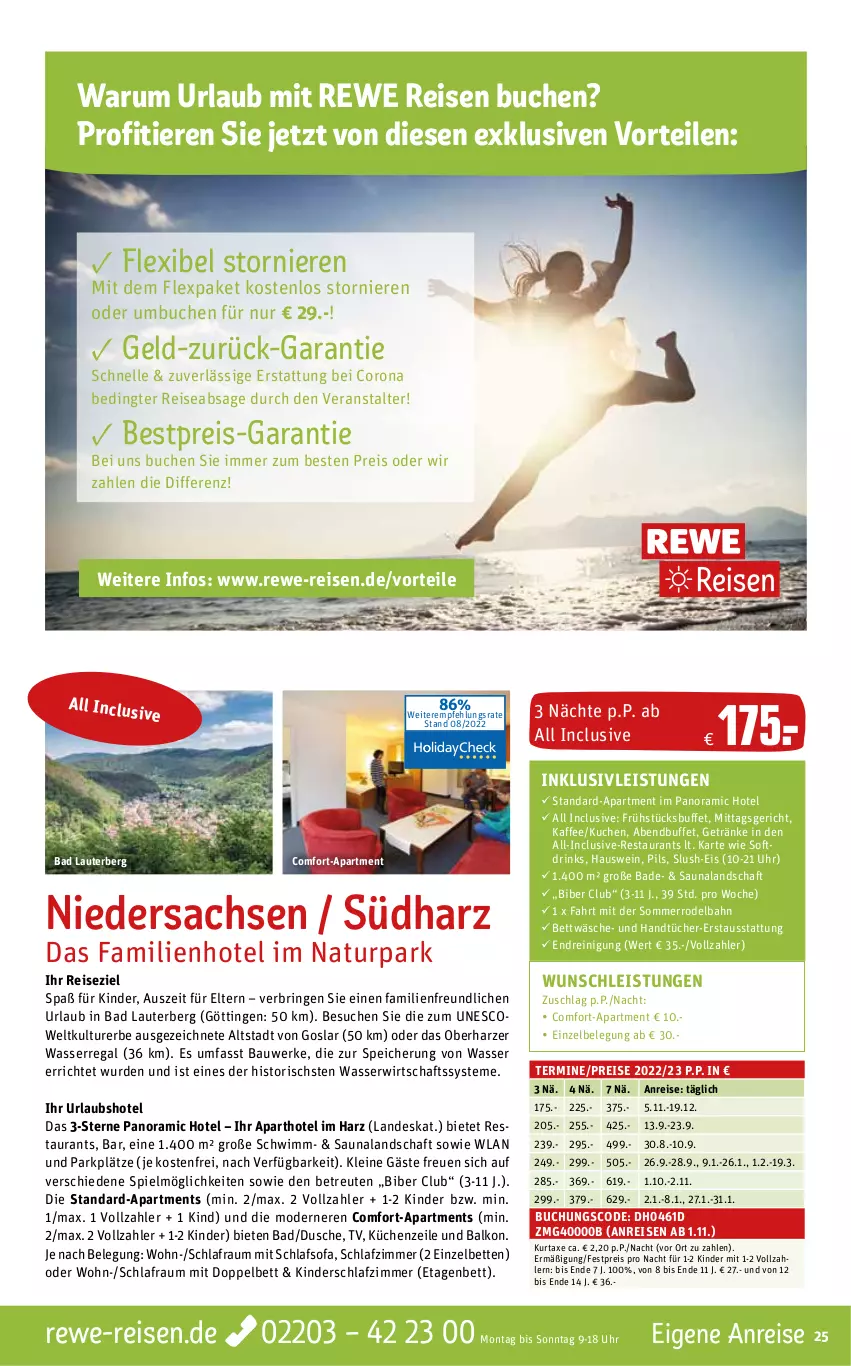 Aktueller Prospekt Rewe Reisen - Reiseprospekt - von 25.08.2023 bis 30.09.2022 - strona 25 - produkty: axe, Bad, Bau, bestpreis, bett, Betten, bettwäsche, buch, corona, drink, drinks, dusche, eier, eis, elle, Etagenbett, geld-zurück-garantie, getränk, getränke, handtücher, inklusivleistungen, kaffee, Kinder, küche, kuchen, Küchen, Küchenzeile, kurtaxe, leine, Mode, natur, pils, regal, Reinigung, reis, ring, rum, sac, schlafsofa, schlafzimmer, Sofa, Ti, Tiere, tücher, uhr, wasser, wein