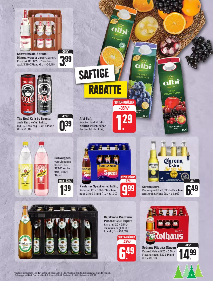 Aktueller Prospekt Edeka - Angebote der Woche - von 02.10 bis 07.10.2023 - strona 15 - produkty: Alwa, cola, corona, corona extra, eis, flasche, krone, mineralwasser, Nektar, Paula, paulaner, pet-flasche, pils, pilsener, premium pils, reis, saft, schweppes, Spezi, Sprudel, super-knüller, Ti, wasser, ZTE