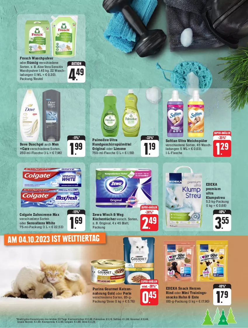 Aktueller Prospekt Edeka - Angebote der Woche - von 02.10 bis 07.10.2023 - strona 19 - produkty: aloe vera, beutel, colgate, creme, deka, dove, duschgel, eis, ente, flasche, Frosch, geschirr, geschirrspülmittel, gin, HP, katzennahrung, klumpstreu, küche, Küchen, küchentücher, LG, limo, olive, palmolive, purina, reis, rind, sensations, snack, snacks, Softlan, spülmittel, super-knüller, Ti, tücher, Waschpulver, weichspüler, zahncreme, zewa, ZTE