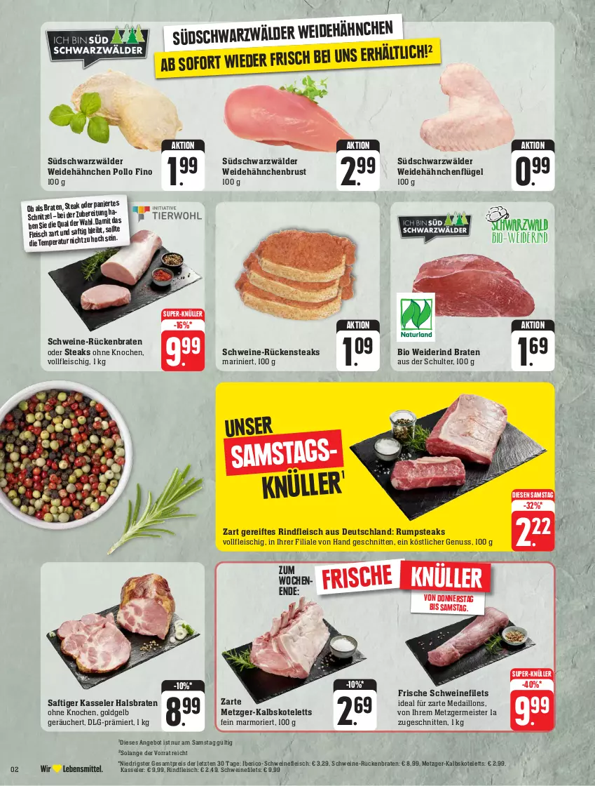 Aktueller Prospekt Edeka - Angebote der Woche - von 02.10 bis 07.10.2023 - strona 2 - produkty: angebot, bio, braten, eis, filet, filets, fleisch, Germ, hähnchenbrust, hähnchenflügel, kalbskotelett, kasseler, kotelett, LG, medaillons, Meister, nuss, Pollo Fino, reis, rind, rindfleisch, Rückenbraten, Rückensteak, rückensteaks, rum, rumpsteak, saft, schnitten, schnitzel, schwein, schweine, schweinefilet, schweinefleisch, steak, steaks, super-knüller, Ti, wein, weine, ZTE