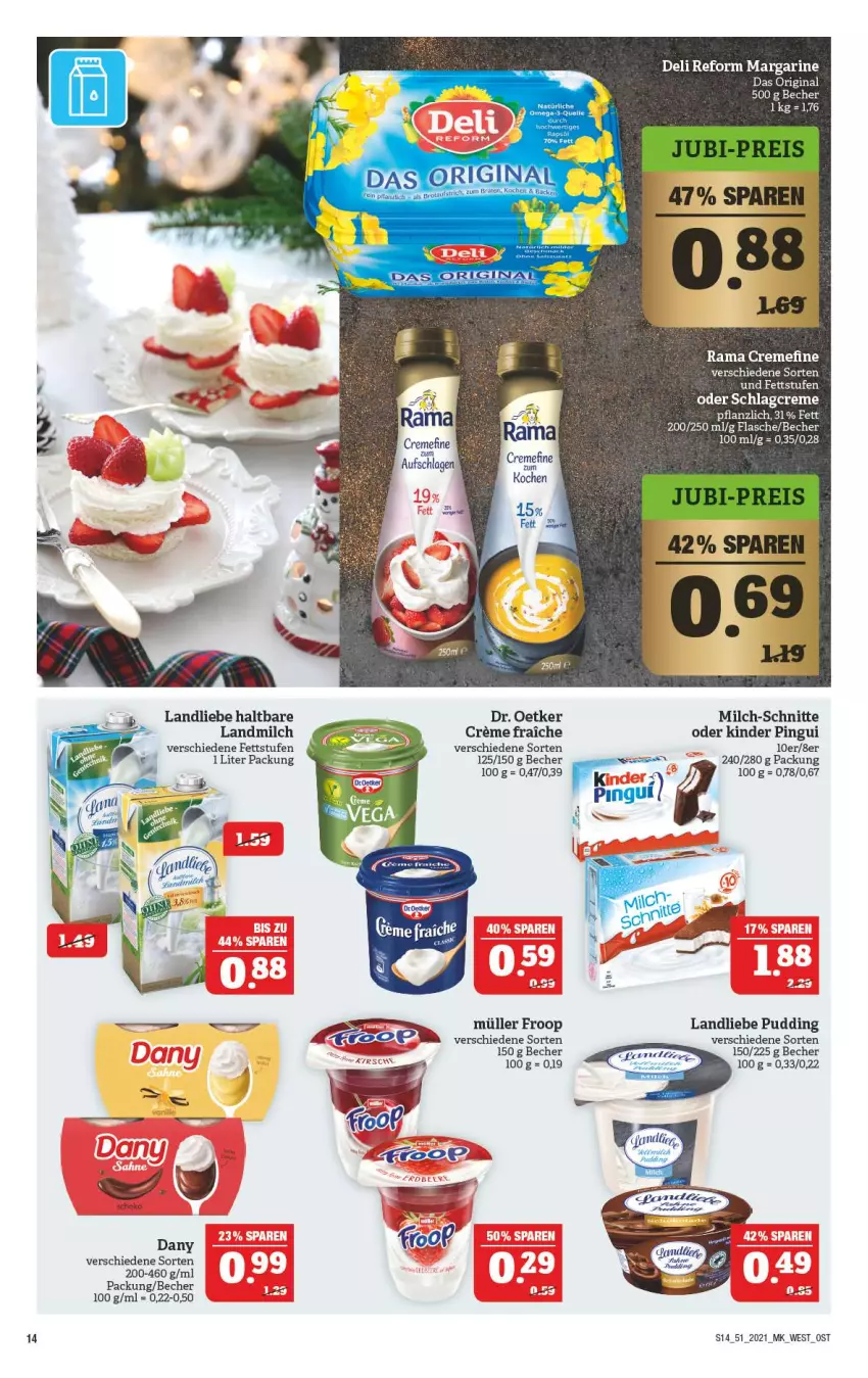 Aktueller Prospekt Marktkauf - Prospekt - von 19.12 bis 24.12.2021 - strona 14 - produkty: Becher, creme, Dany, deli reform, Dr. Oetker, flasche, froop, gin, Kinder, kinder pingui, landliebe, landmilch, LG, margarine, milch, milch-schnitte, Müller, müller froop, pingui, pudding, rama, rama cremefine