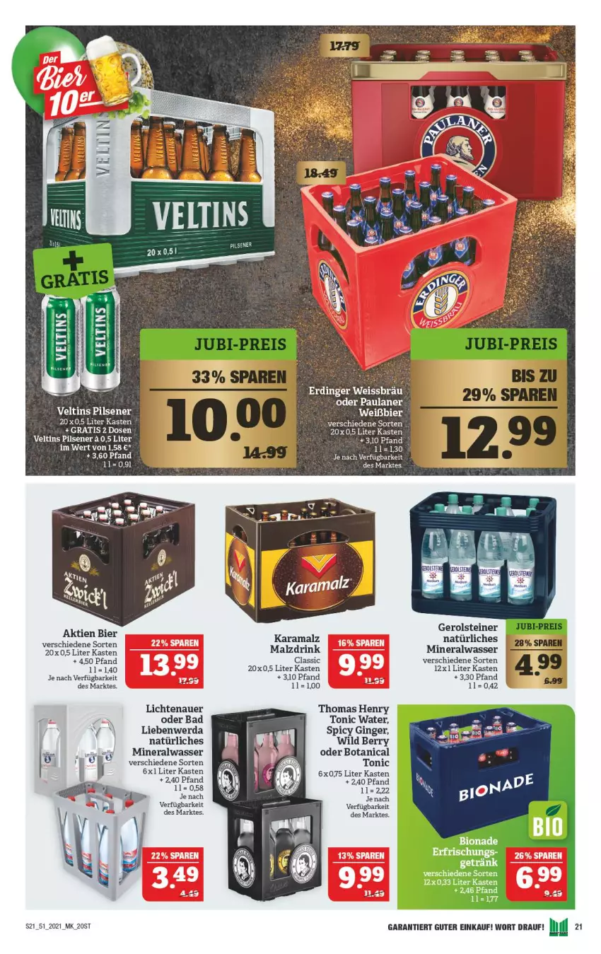 Aktueller Prospekt Marktkauf - Prospekt - von 19.12 bis 24.12.2021 - strona 21 - produkty: Alwa, auer, Bad, Bad Liebenwerda, bier, drink, ente, gerolsteine, gerolsteiner, gin, ginger, lichtenauer, malz, mineralwasser, natürliches mineralwasser, Paula, paulaner, pils, pilsener, steiner, thomas henry, Ti, tonic, tonic water, veltins, veltins pilsener, wasser, Wild, wild berry