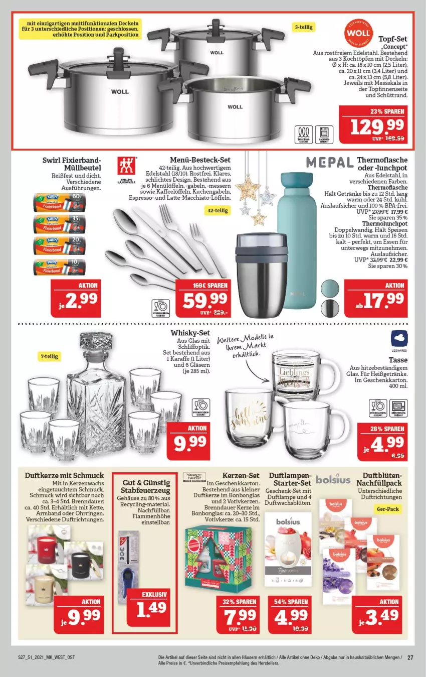 Aktueller Prospekt Marktkauf - Prospekt - von 19.12 bis 24.12.2021 - strona 27 - produkty: ACC, Armband, auer, besteck, besteck-set, beutel, Blüte, Bonbonglas, chia, Clin, decke, Deckel, dell, Duftkerze, Duftlampe, edelstahl, eis, elle, espresso, flasche, gabel, getränk, getränke, HP, kaffee, Karaffe, kerze, Kette, kuchen, Lampe, latte, leine, Löffel, mac, macchiato, messer, Mode, müllbeutel, Ohrringe, reis, Ria, ring, rwe, Schmuck, swirl, tasse, teller, Ti, topf, topf-set, whisky