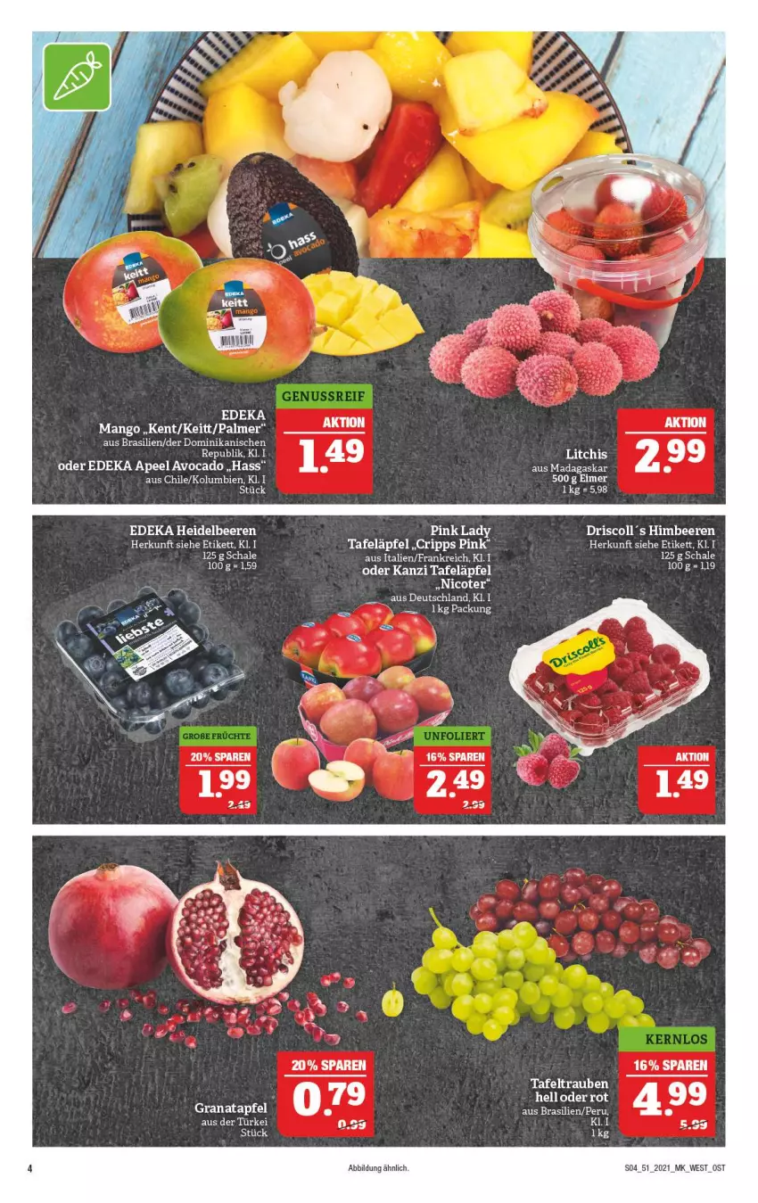 Aktueller Prospekt Marktkauf - Prospekt - von 19.12 bis 24.12.2021 - strona 4 - produkty: apfel, avocado, beere, beeren, deka, grana, granatapfel, heidelbeere, heidelbeeren, himbeer, himbeere, himbeeren, mango, Pink Lady, Rana, Schal, Schale, tafeläpfel, tafeltrauben, trauben