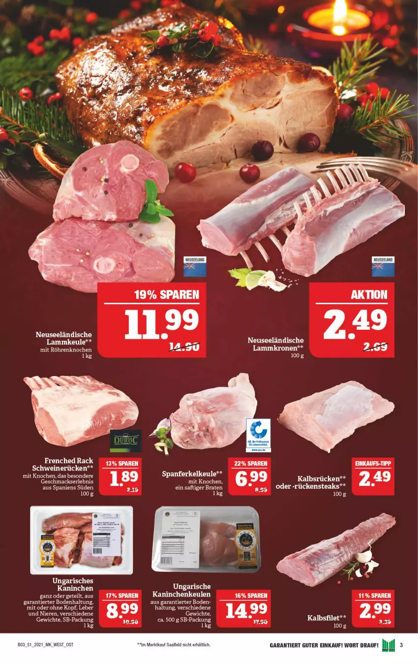 Aktueller Prospekt Marktkauf - Prospekt - von 19.12 bis 24.12.2021 - strona 43 - produkty: bsf, Elan, filet, Kaninchenkeule, krone, lamm, lammkeule, Lammkrone, mac, Rückensteak, rückensteaks, schwein, schweine, schweinerücken, steak, steaks, Ti, wein, weine