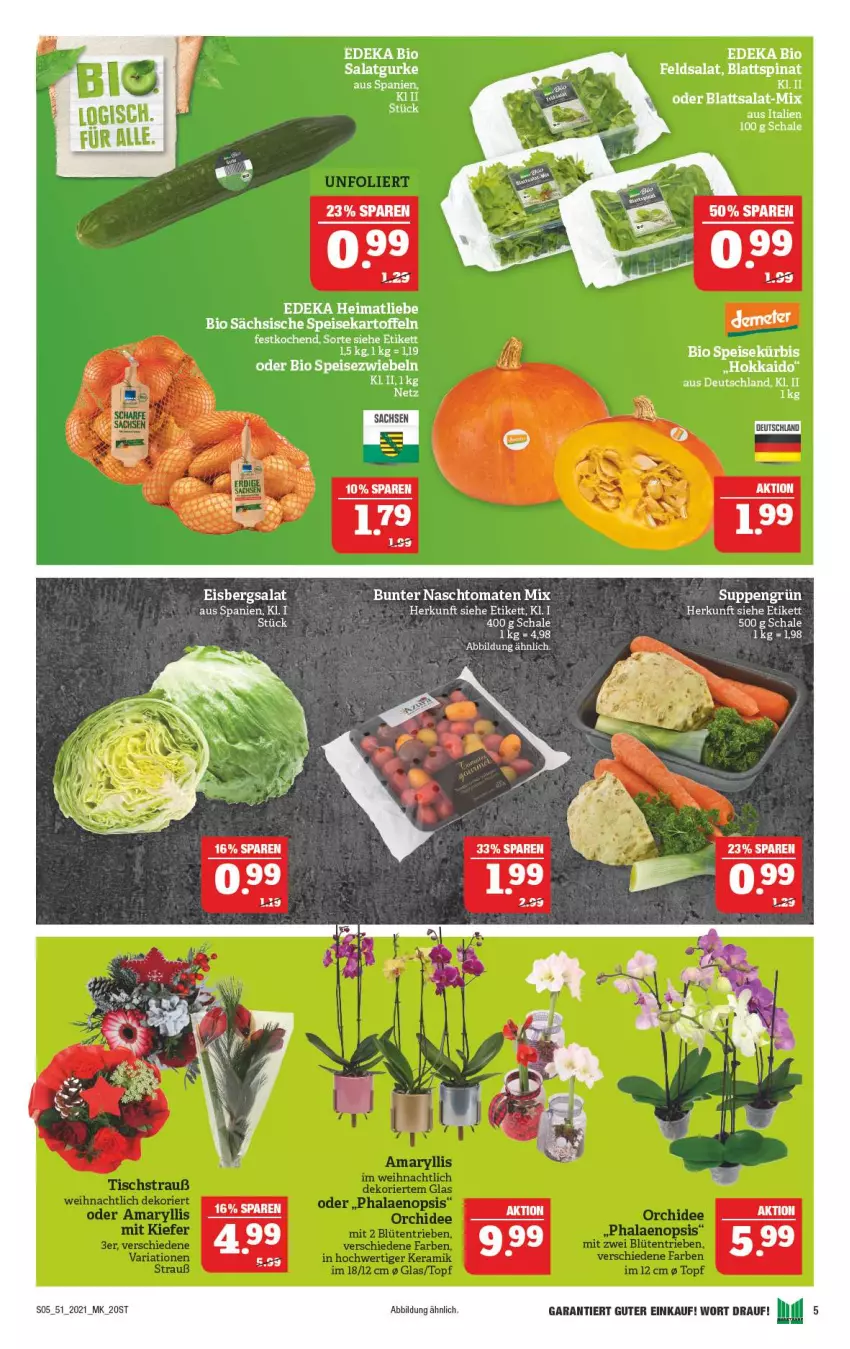 Aktueller Prospekt Marktkauf - Prospekt - von 19.12 bis 24.12.2021 - strona 5 - produkty: bio, blattspinat, deka, edeka bio, eis, eisbergsalat, feldsalat, gurke, Kürbis, salat, Salatgurke, Schal, Schale, Speisezwiebeln, spinat, suppe, suppen, Ti, tomate, tomaten, zwiebel, zwiebeln