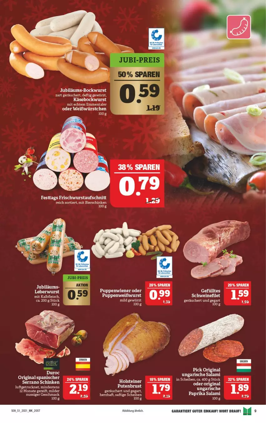 Aktueller Prospekt Marktkauf - Prospekt - von 19.12 bis 24.12.2021 - strona 9 - produkty: aufschnitt, bier, bierschinken, bockwurst, emmentaler, gewürz, gin, Jubiläums, Käse, mac, nuss, paprika, Puppe, saft, salami, schinken, serrano, Ti, Ungarische Salami, Weißwurst, wurst, würstchen