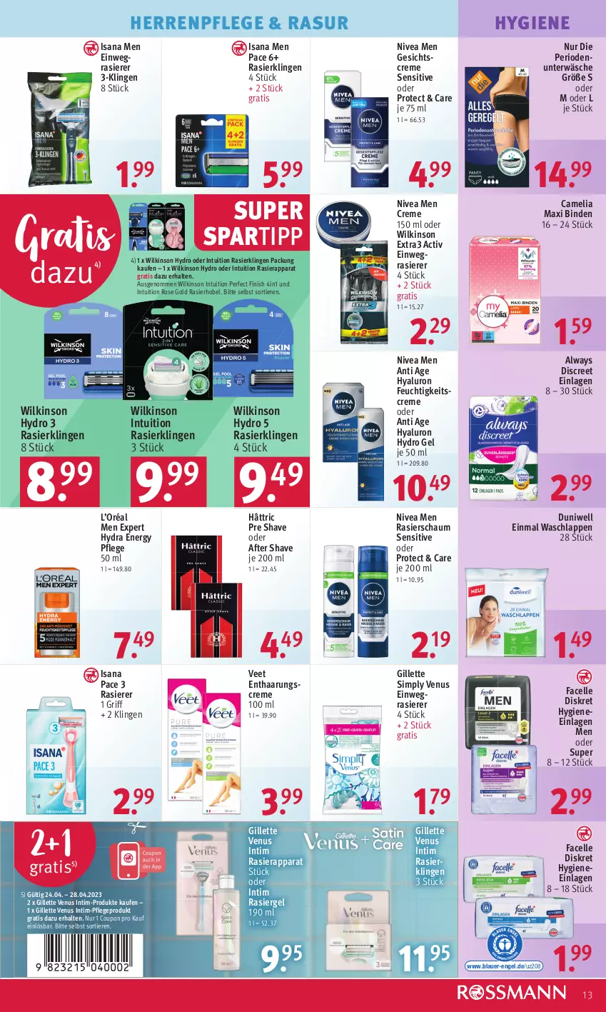 Aktueller Prospekt Rossmann - Prospekte - von 24.04 bis 28.04.2023 - strona 13 - produkty: after shave, Alwa, Always, auer, binden, camelia, coupon, creme, Discreet, duni, Duniwell, Einmal Waschlappen, einwegrasierer, elle, Engel, Facelle, feuchtigkeitscreme, Finish, Gesichtscreme, gillette, gillette venus, hyaluron, isana, nivea, Nivea Men, rasierapparat, rasierer, rasiergel, Rasierklinge, rasierklingen, Rasierschaum, sana, sim, spartipp, Ti, Tiere, Unterwäsche, veet, venus, waschlappen, wilkinson