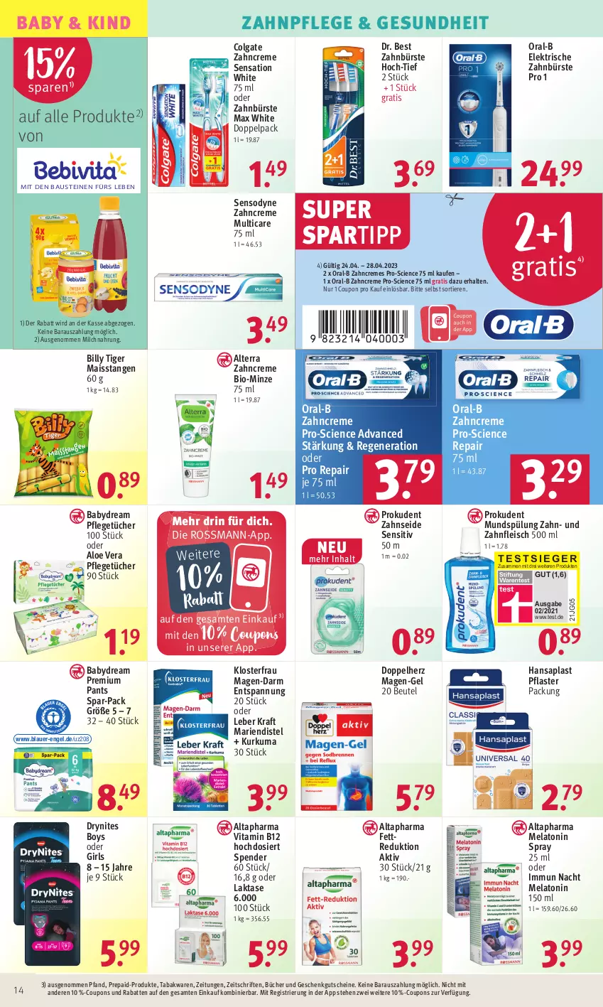 Aktueller Prospekt Rossmann - Prospekte - von 24.04 bis 28.04.2023 - strona 14 - produkty: aloe vera, Altapharma, alterra, auer, aust, babydream, Bau, beutel, bio, bürste, Cien, colgate, coupon, coupons, creme, doppelherz, Dr. Best, DryNites, eis, elektrische zahnbürste, Engel, fleisch, Gesundheit, gutschein, gutscheine, hansaplast, kraft, LG, mais, Max White, milch, minze, mundspülung, oral-b, Pants, pflaster, Prokudent, sensodyne, spartipp, spülung, Ti, Tiere, tücher, vita, Vitamin B, zahnbürste, zahncreme, Zahnseide