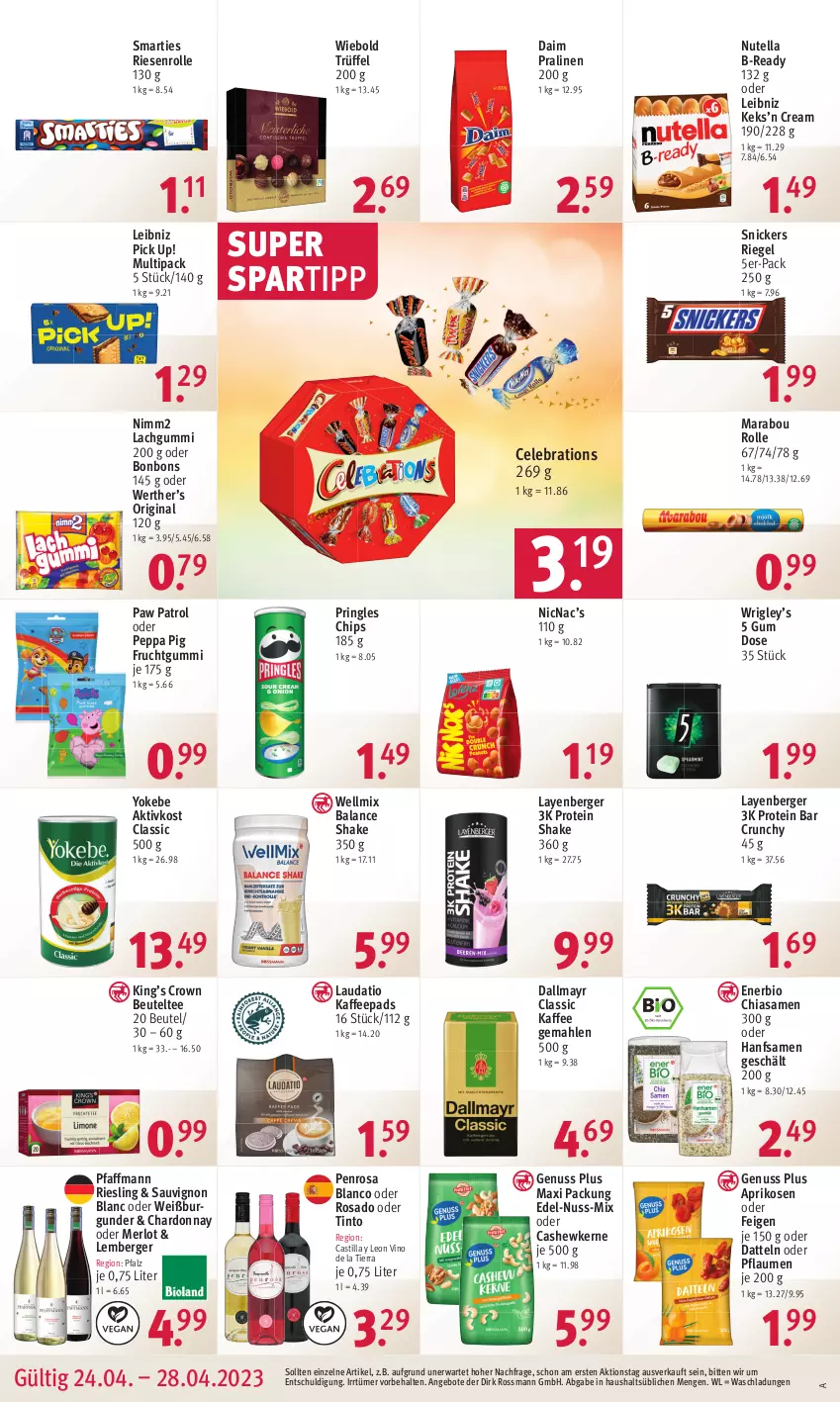 Aktueller Prospekt Rossmann - Prospekte - von 24.04 bis 28.04.2023 - strona 18 - produkty: angebot, angebote, aprikose, aprikosen, asti, Berger, beutel, bio, bonbons, burgunder, Cashew, cashewkerne, chardonnay, chia, chips, daim, dallmayr, Datteln, Feigen, frucht, fruchtgummi, gin, kaffee, kaffeepads, keks, lachgummi, leibniz, Marabou, merl, merlot, nimm2, nuss, nutella, Paw Patrol, Peppa Pig, pflaume, pflaumen, Pick Up!, pralinen, pringles, riegel, riesling, ring, sauvignon, sauvignon blanc, shake, smarties, snickers, spartipp, tee, Ti, Trüffel, Weißburgunder, Yo, Yokebe