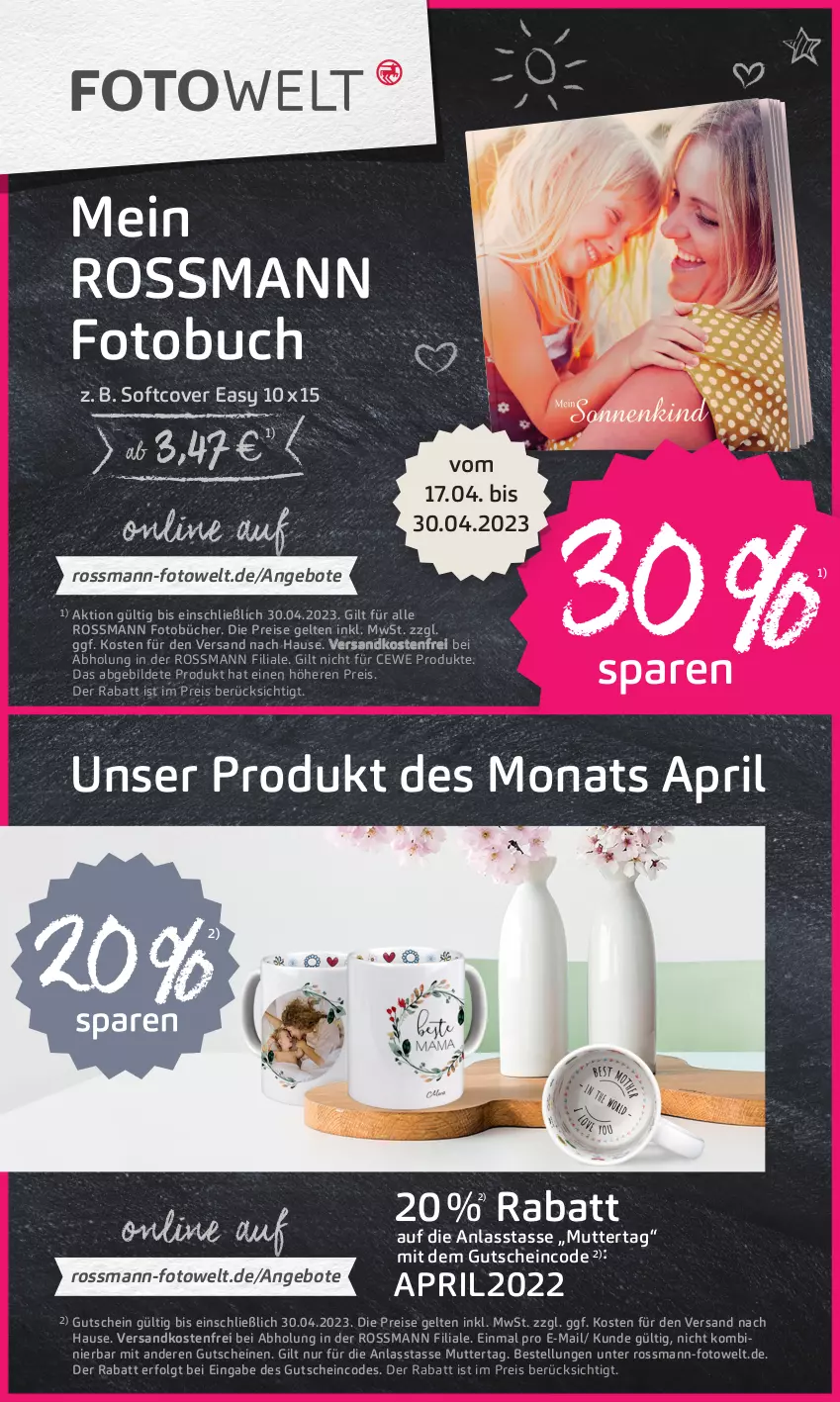 Aktueller Prospekt Rossmann - Prospekte - von 24.04 bis 28.04.2023 - strona 19 - produkty: angebot, angebote, buch, cewe, eis, Fotobuch, gutschein, gutscheine, LG, ndk, pril, reis, tasse, Ti, versandkostenfrei