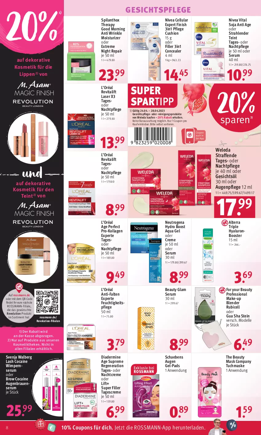 Aktueller Prospekt Rossmann - Prospekte - von 24.04 bis 28.04.2023 - strona 8 - produkty: alterra, anti-falten experte, aqua, Augenpflege, Blender, coupon, coupons, creme, dell, Diadermine, elle, feuchtigkeitspflege, Finish, For Your Beauty, Gesichtsöl, gesichtspflege, hyaluron, Kollagen, kosmetik, Make-up, Maske, Mode, nachtcreme, nachtpflege, neutrogena, nivea, Reinigung, Revital, revitalift, rum, Schaebens, Serum, soja, spartipp, tagescreme, Ti, Tiere, tuc, tuchmaske, vita, weleda, Yo