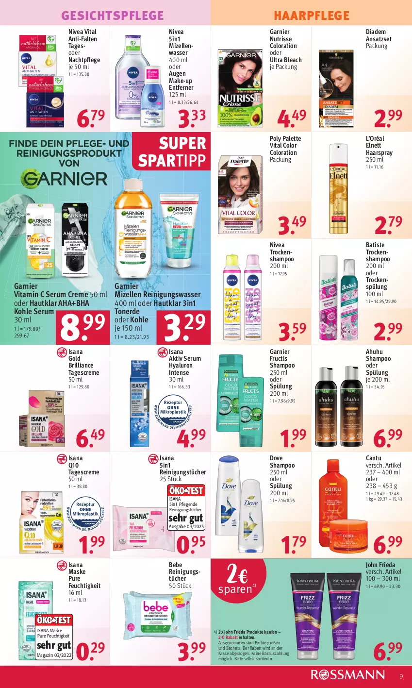 Aktueller Prospekt Rossmann - Prospekte - von 24.04 bis 28.04.2023 - strona 9 - produkty: Bebe, bier, creme, diadem, dove, elle, elnett, erde, fructis, garnier, gesichtspflege, gsw, haarpflege, haarspray, hyaluron, isana, magazin, Make-up, Maske, mizellen, Mizellen Reinigungswasser, nachtpflege, nivea, Nutrisse, Palette, Q10, Reinigung, reinigungstücher, rum, sac, sana, Serum, shampoo, shampoo 250 ml, shampoo oder spülung, spartipp, spülung, spülung 200 ml, tagescreme, Ti, Tiere, Toner, Trockenshampoo, tücher, uhu, vita, Vitamin C, wasser