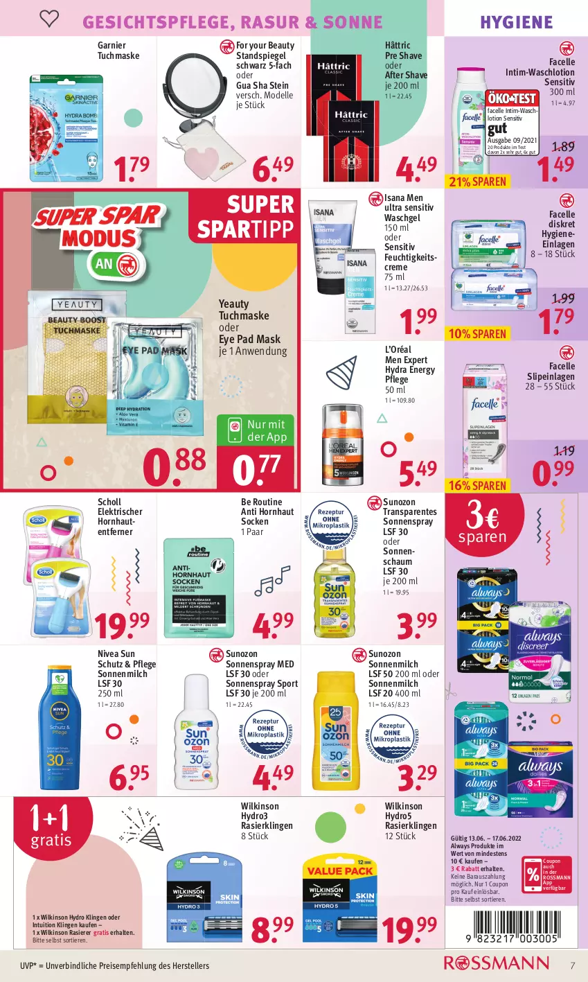 Aktueller Prospekt Rossmann - Prospekte - von 13.06 bis 17.06.2022 - strona 7 - produkty: after shave, Alwa, Always, coupon, creme, dell, eis, elle, ente, Facelle, feuchtigkeitscreme, For Your Beauty, garnier, gesichtspflege, isana, Lotion, Maske, milch, Mode, nivea, nivea sun, rasierer, Rasierklinge, rasierklingen, reis, sana, scholl, slip, slipeinlagen, socken, sonnenmilch, sonnenspray, spartipp, spiegel, Sport, Standspiegel, teller, Ti, Tiere, tuc, tuchmaske, waschgel, Waschlotion, wilkinson, Yo