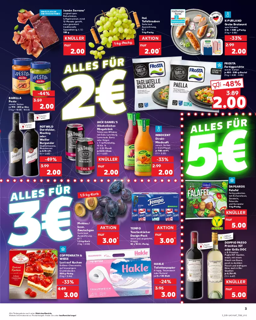 Aktueller Prospekt Kaufland - von 29.09 bis 05.10.2022 - strona 3 - produkty: alkohol, angebot, angebote, barilla, beere, beutel, bio, braten, bratwurst, burgunder, cheesecake, cola, coppenrath, doppio passo, dornfelder, eis, elle, erbsen, Falafel, fertiggericht, fertiggerichte, fleisch, frosta, getränk, gin, ginger, grill, grillo, grobe bratwurst, hakle, hakle toilettenpapier, Innocent, jack daniel, jack daniel's, jamón serrano, Käse, kichererbsen, korb, Koriander, kuchen, lemonade, Lust auf Kuchen, Mixgetränk, natur, papier, passo, pesto, petersilie, primitivo, purland, qualitätswein, qualitätsweine, rel, Ria, riesling, rohschinken, rotwein, rum, saft, schinken, schwein, serrano, Spezi, tafeltrauben, Tasche, taschen, taschentücher, Tempo, Ti, toilettenpapier, trauben, tücher, wein, weine, Weißwein, whiskey, Wild, wurst, zwiebel, zwiebeln