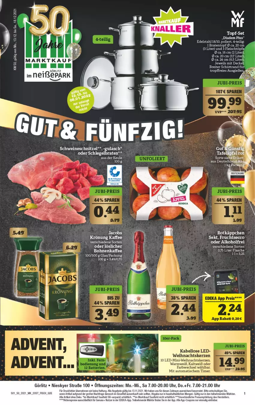 Aktueller Prospekt Marktkauf - Prospekt - von 12.12 bis 18.12.2021 - strona 1 - produkty: aktionspreis, alkohol, angebot, angebote, auto, bohne, bohnen, bohnenkaffee, braten, Bratentopf, Brei, coupon, coupons, decke, Deckel, deka, diadem, ecco, edelstahl, eis, elle, fisch, flasche, fleisch, frucht, fruchtsecco, gulasch, kaffee, kerze, nuss, reis, rotkäppchen, schnitzel, schwein, schweine, schweineschnitzel, sekt, tafeläpfel, teller, Ti, timer, tisch, topf, topf-set, uhr, Weihnachtskerzen, wein, weine