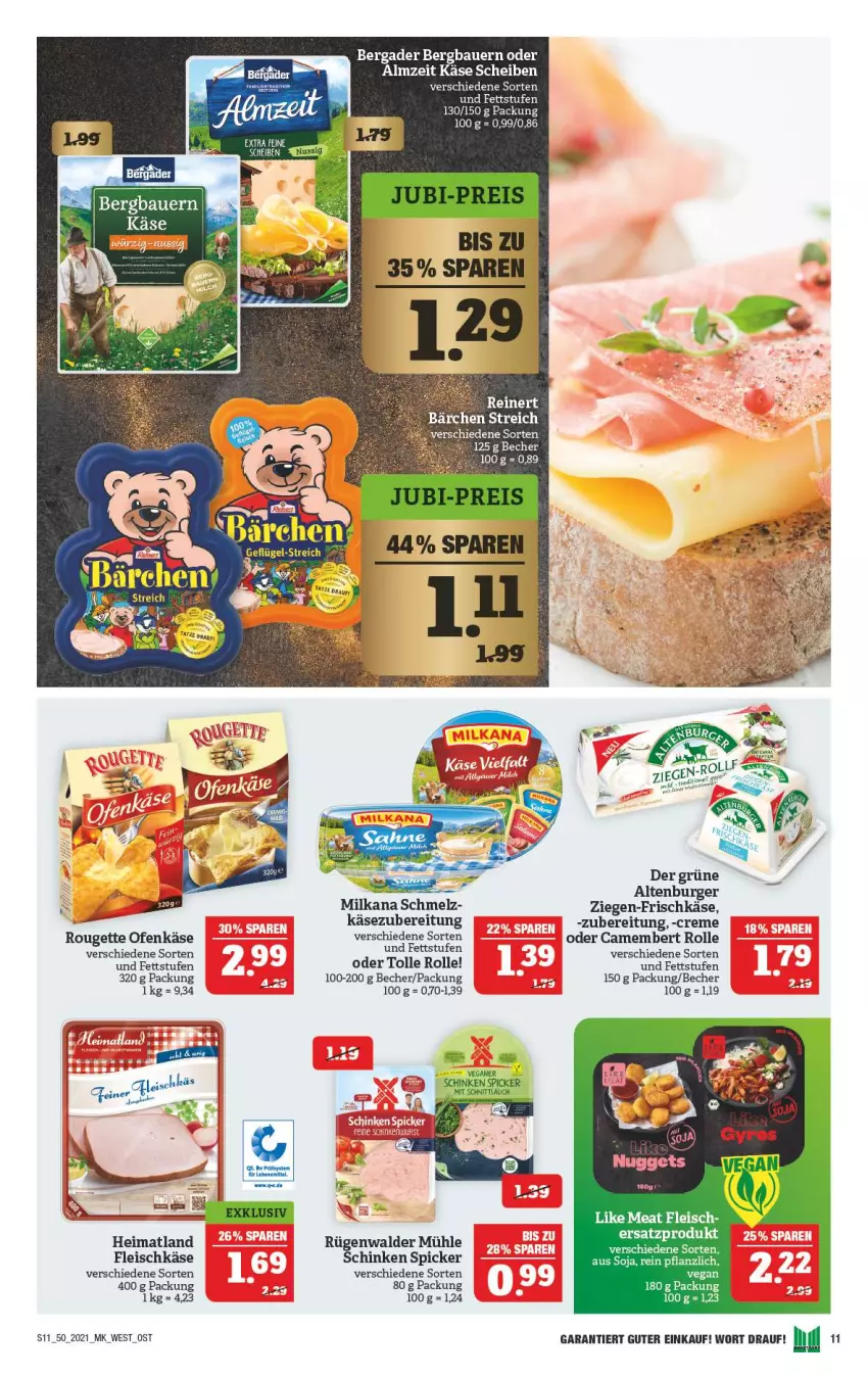 Aktueller Prospekt Marktkauf - Prospekt - von 12.12 bis 18.12.2021 - strona 11 - produkty: altenburger, auer, Bau, Bauer, Becher, bergader, burger, camembert, creme, eis, fleisch, fleischkäse, frischkäse, Käse, Ofen, Ofenkäse, rouge, rougette, rügenwalder, rügenwalder mühle, schinken, schinken spicker, schnittlauch, tee, Ti