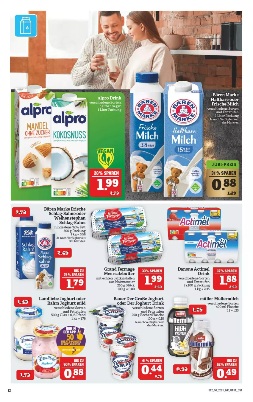 Aktueller Prospekt Marktkauf - Prospekt - von 12.12 bis 18.12.2021 - strona 12 - produkty: actimel, alpro, auer, Bau, Bauer, Becher, butter, danone, drink, flasche, joghur, joghurt, joghurt mild, kokos, kokosnuss, landliebe, landliebe joghurt, mac, meersalz, Meersalzbutter, milch, Müller, müllermilch, ndk, nuss, sahne, salz, tee, Ti, weihenstephan