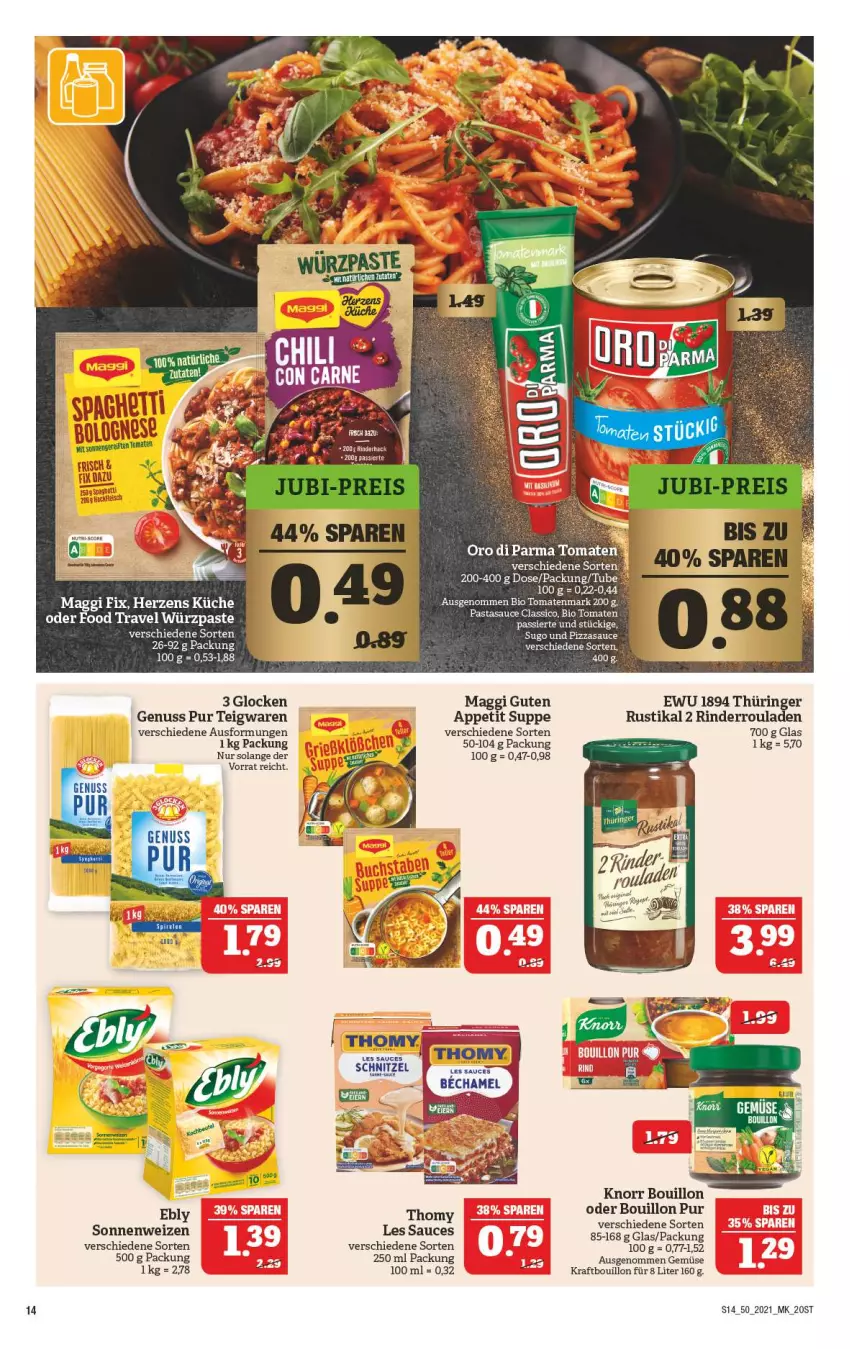 Aktueller Prospekt Marktkauf - Prospekt - von 12.12 bis 18.12.2021 - strona 14 - produkty: bio, classico, dip, elle, ente, knorr, kraft, küche, maggi, maggi fix, nuss, pasta, pizza, rind, rinder, Rinderroulade, rinderrouladen, ring, rouladen, sauce, Sugo, suppe, teigwaren, thomy, thomy les sauces, Ti, tomate, tomaten, Tomaten Passiert, tomatenmark