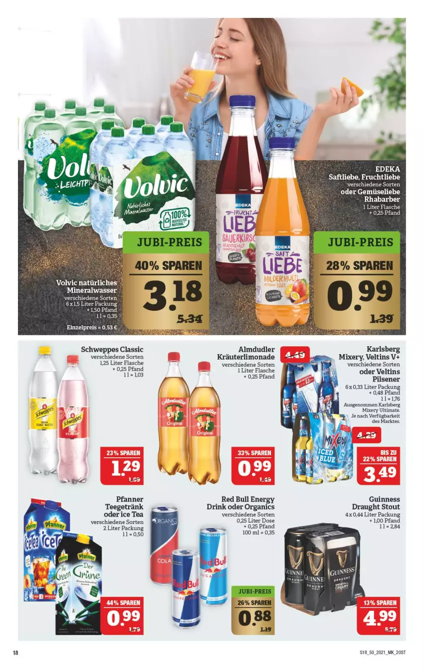 Aktueller Prospekt Marktkauf - Prospekt - von 12.12 bis 18.12.2021 - strona 18 - produkty: almdudler, Alwa, drink, eis, flasche, getränk, Guinness, ice tea, karlsberg, kräuter, limo, limonade, mineralwasser, Mixer, mixery, pfanne, Pfanner, pils, pilsener, red bull, reis, schweppes, tee, Ti, veltins, volvic, volvic natürliches, wasser