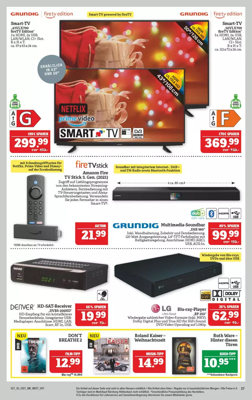 Aktueller Prospekt Marktkauf - Prospekt - von 12.12 bis 18.12.2021 - strona 27 - produkty: alexa, blu-ray, buch, buch-tipp, deo, disney, dvb, dvd, eis, elle, fernbedienung, fernseher, grundig, HDMI, HP, Kaiser, LG, lieferservice, netflix, Radio, Receiver, reis, soundbar, teller, tft-farbdisplay, Ti, usb, wandhalterung