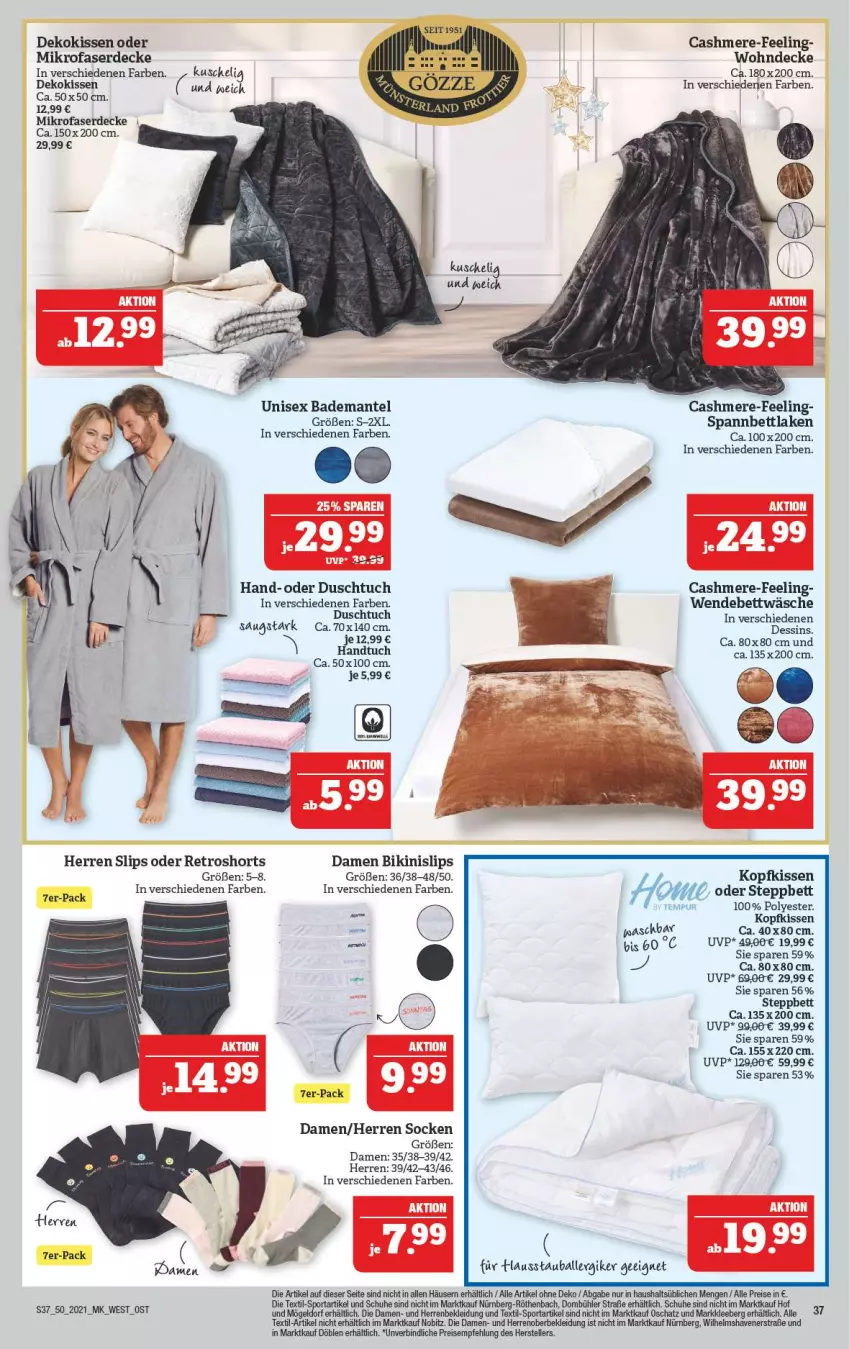 Aktueller Prospekt Marktkauf - Prospekt - von 12.12 bis 18.12.2021 - strona 37 - produkty: Bad, Bademantel, ball, bett, bettwäsche, bikini, cashmere, decke, dekokissen, duschtuch, eis, elle, erde, handtuch, kissen, kleid, Kleidung, kopfkissen, Mantel, mikrofaser, reis, retroshorts, schuhe, shorts, slip, slips, socken, spannbettlaken, Sport, steppbett, teller, Ti, tuc, wendebettwäsche