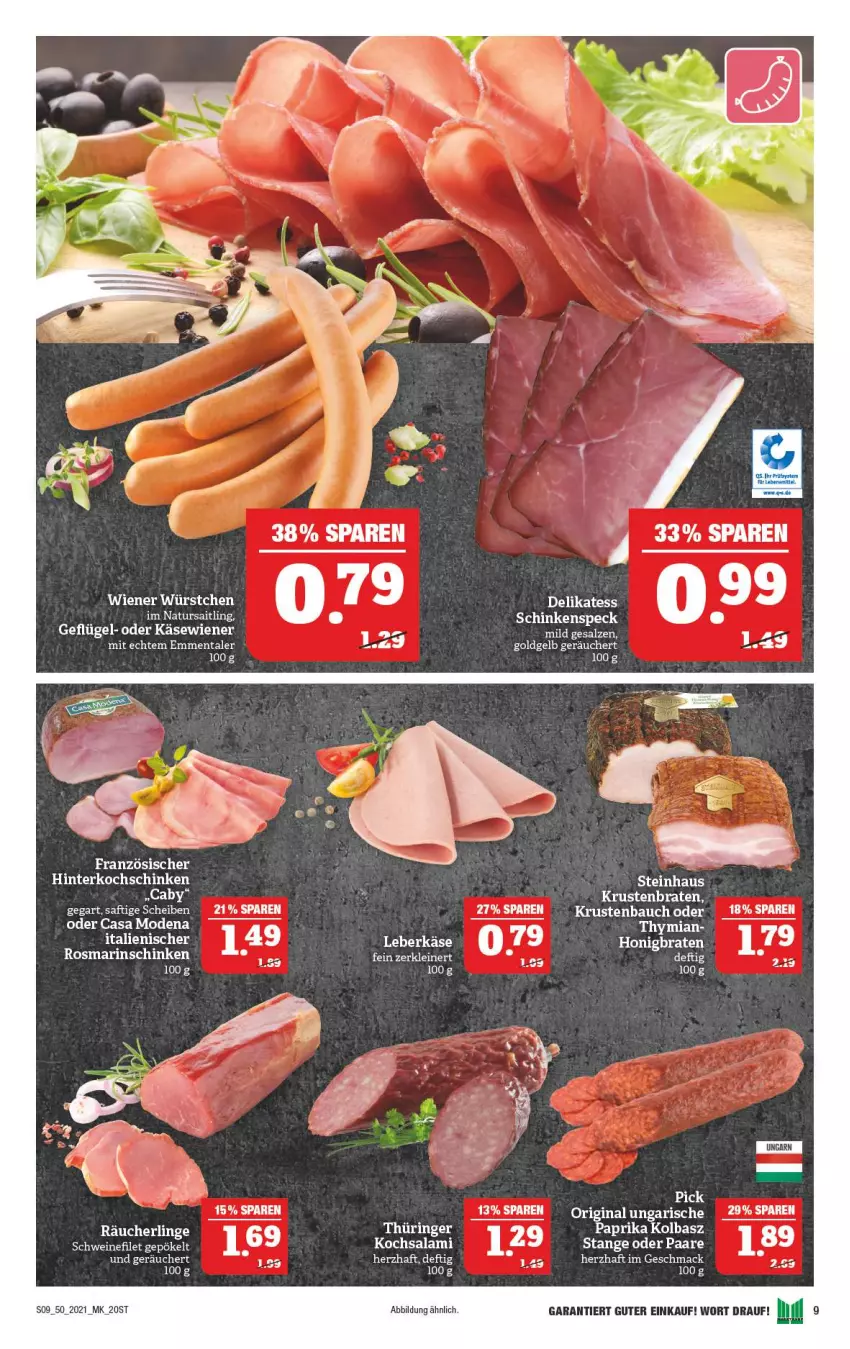 Aktueller Prospekt Marktkauf - Prospekt - von 12.12 bis 18.12.2021 - strona 9 - produkty: Bau, braten, Casa Modena, filet, Geflügel, gin, Hefe, hinterkochschinken, honig, Käse, kochschinken, mac, Mode, natur, paprika, Räucherling, rosmarin, saft, salami, schinken, schwein, schweine, schweinefilet, steinhaus, tee, Ti, wein, weine, wiener