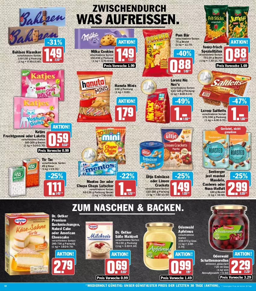 Aktueller Prospekt Hit - Prospekte - von 01.08 bis 06.08.2022 - strona 10 - produkty: apfel, apfelmus, backmischung, Backmischungen, bahlsen, Berger, beutel, Cashew, chupa, chupa chups, cookie, cookies, Dr. Oetker, eis, elle, erdnüsse, frucht, fruchtgummi, funny-frisch, hanuta, katjes, Lakritz, linsen, lorenz, Lutscher, mandel, mandeln, mentos, milka, morellen, nuss, odenwald, oder lakritz, reis, reiss, rel, saltletts, salz, schattenmorellen, seeberger, Spezi, Ti, ültje, ültje erdnüsse, ZTE, zucker