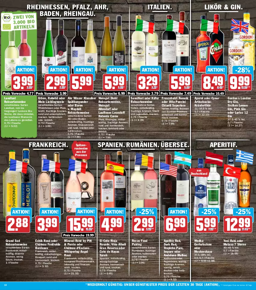 Aktueller Prospekt Hit - Prospekte - von 01.08 bis 06.08.2022 - strona 14 - produkty: aldi, aperitif, aperol, Bad, bio, burgunder, chia, chianti, cin, cuvée, dell, dry gin, eis, ente, finesse, flasche, frucht, früchte, früchten, gin, Gorbatschow, gordon, grand sud, gsw, käfer, kräuter, kräuterlikör, likör, london dry, london dry gin, Metaxa, moskovskaya, rebsortenweine, reis, ring, rioja, roséwein, rotwein, rum, spätburgunder, Ti, tisch, wein, weine, Wild, wodka, yeni raki, ZTE