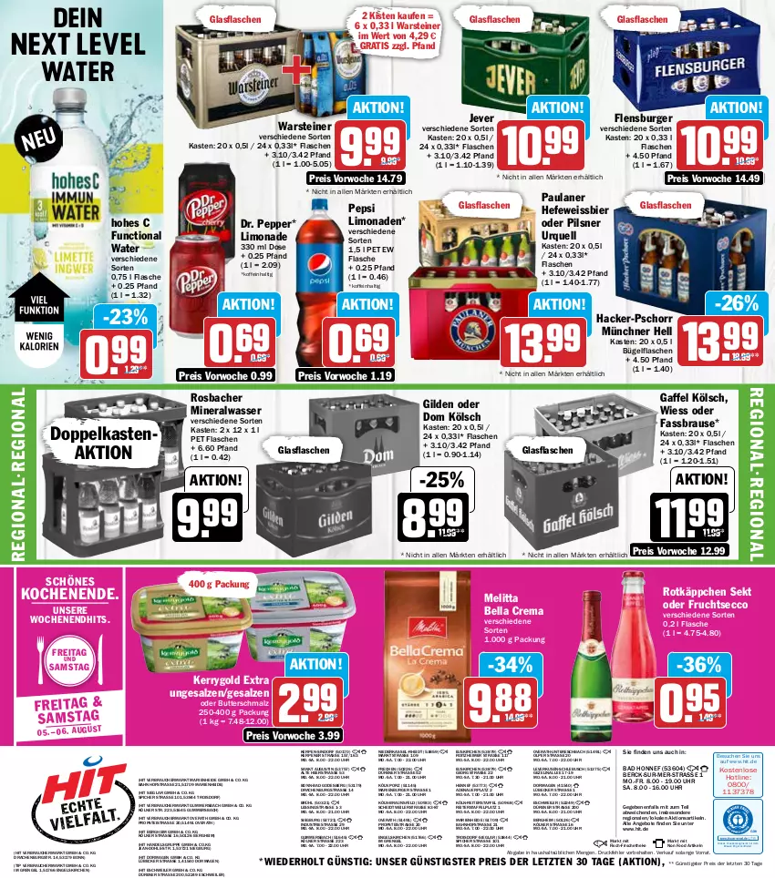 Aktueller Prospekt Hit - Prospekte - von 01.08 bis 06.08.2022 - strona 16 - produkty: Alwa, angebot, angebote, auer, Bad, bella crema, bier, braun, brause, bügel, bügelflasche, burger, butter, Butterschmalz, drucker, ecco, eimer, eis, Engel, fassbrause, fisch, flasche, flensburger, frucht, fruchtsecco, glasflasche, Hefe, Hohes C, jever, kerrygold, kerrygold extra, kerze, limo, limonade, limonaden, Lübecker, malz, melitta, mineralwasser, Paula, paulaner, pepsi, pils, pilsner, pilsner urquell, Rauch, reis, rotkäppchen, salz, Schmalz, sekt, steiner, Ti, uhr, warsteiner, wasser, weissbier, ZTE