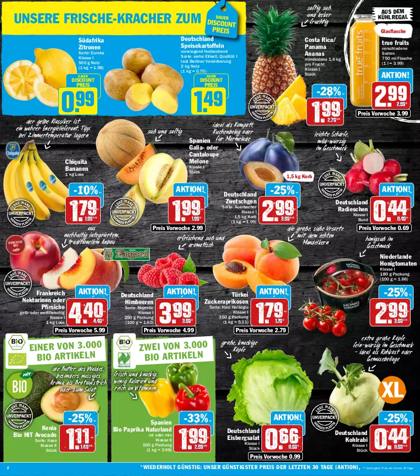 Aktueller Prospekt Hit - Prospekte - von 01.08 bis 06.08.2022 - strona 2 - produkty: ananas, aprikose, aprikosen, auer, aufstrich, aus dem kühlregal, avocado, banane, bananen, Bau, beere, beeren, berliner, bio, bio hit, brot, brotaufstrich, butter, chiquita, discount, eis, eisbergsalat, elle, flasche, fleisch, frucht, glasflasche, himbeer, himbeere, himbeeren, honig, Honigtomaten, ilag, kartoffel, kartoffeln, kohlrabi, korb, kracher, kuchen, kühlregal, mac, mandel, marmelade, melone, natur, naturland, Nektar, nektarinen, nektarinen oder, nuss, oder pfirsiche, paprika, pfirsich, pfirsiche, radieschen, regal, reis, saft, salat, speisekartoffeln, Ti, tisch, tomate, tomaten, true fruits, vita, Vitamine, zitrone, zitronen, ZTE, zucker