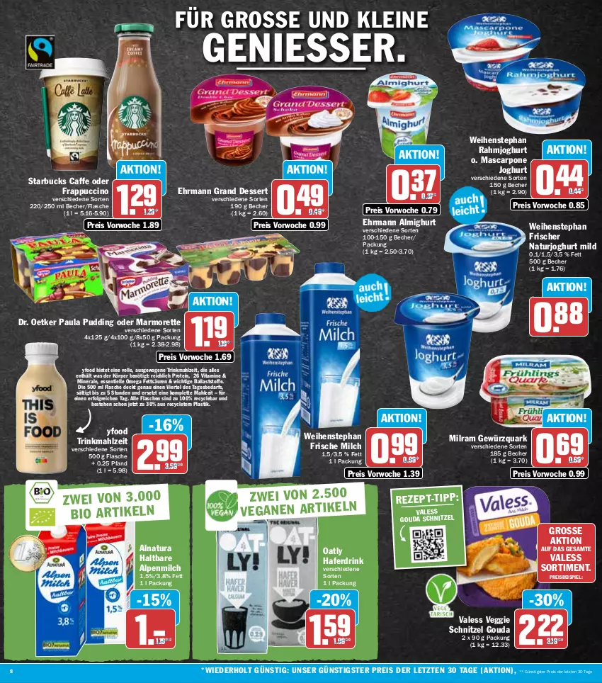 Aktueller Prospekt Hit - Prospekte - von 01.08 bis 06.08.2022 - strona 8 - produkty: almighur, almighurt, alpenmilch, asti, ball, Becher, caffe, cin, dessert, Dr. Oetker, drink, ehrmann, ehrmann almighurt, Ehrmann Grand Dessert, eis, elle, flasche, frische milch, gewürz, gewürzquark, gouda, hafer, Haferdrink, joghur, joghurt, joghurt mild, leine, LG, marmorette, mascarpone, milch, milram, natur, natura, naturjoghurt, omega, Paula, paula pudding, pudding, quark, rahmjoghurt, reis, schnitzel, starbucks, Ti, veggie, vita, Vitamine, weihenstephan, ZTE