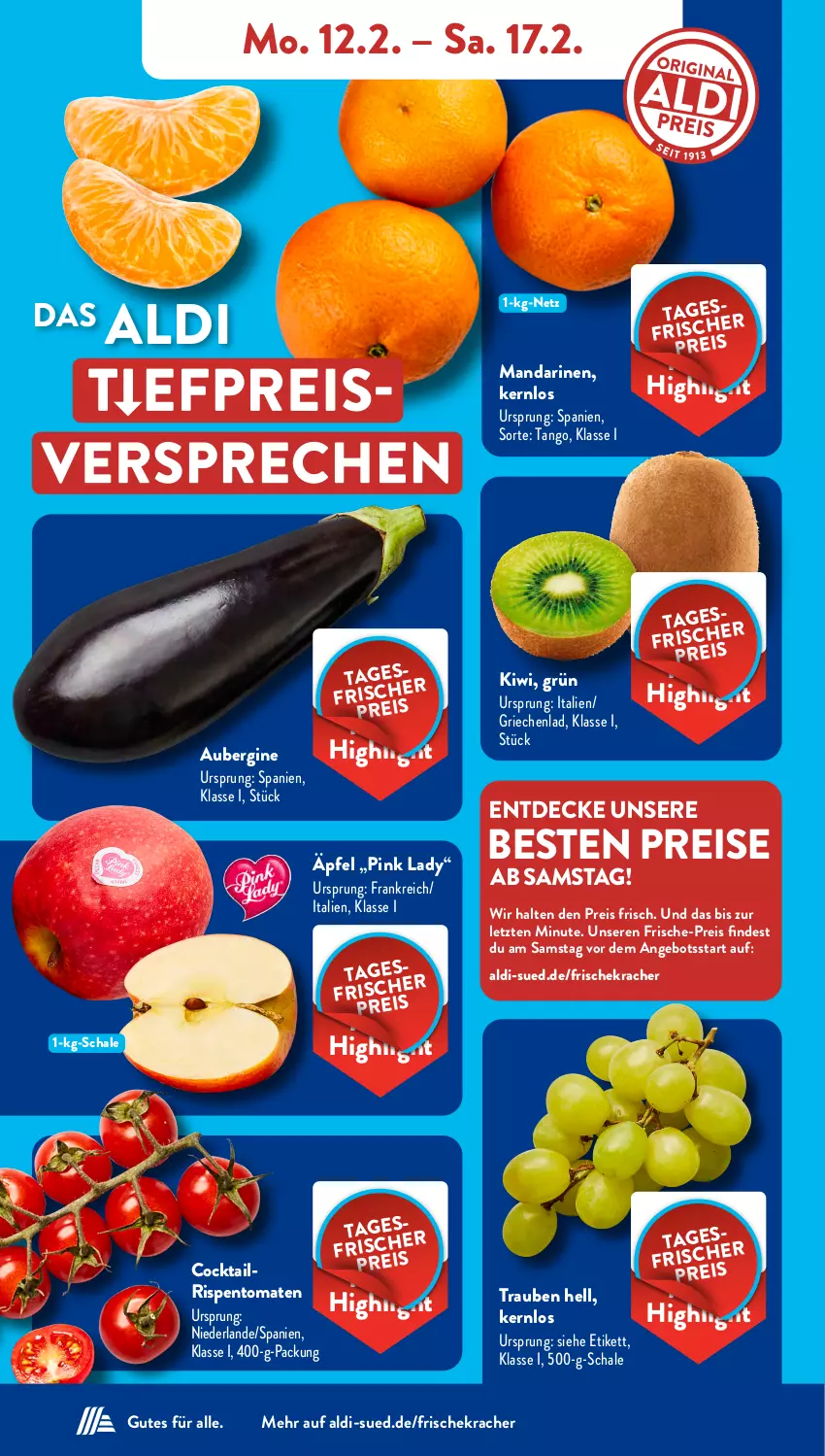 Aktueller Prospekt AldiSud - NÄCHSTE WOCHE - von 12.02 bis 17.02.2024 - strona 4 - produkty: aldi, angebot, aubergine, cocktail, decke, eis, gin, kiwi, kracher, mandarine, mandarinen, Pink Lady, reis, rispentomaten, Schal, Schale, Ti, tomate, tomaten, trauben, ZTE