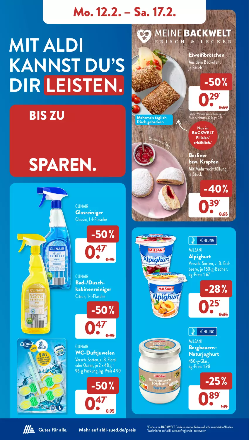 Aktueller Prospekt AldiSud - NÄCHSTE WOCHE - von 12.02 bis 17.02.2024 - strona 8 - produkty: aldi, auer, backofen, backwaren, Bad, Bau, Bauer, Becher, beere, berliner, brötchen, citrus, Clin, eis, erdbeere, flasche, frucht, geback, Glasreiniger, joghur, joghurt, natur, naturjoghurt, Ofen, reiniger, reis, ZTE