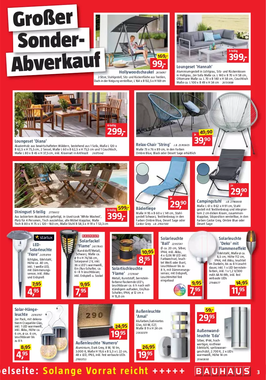 Aktueller Prospekt Bauhaus - Prospekte - von 30.07 bis 03.09.2022 - strona 4 - produkty: akku, aluminiumgestell, auer, ball, Bau, campingstuhl, Couch, couchtisch, edelstahl, eier, Hängeleuchte, hollywoodschaukel, Holz, kissen, lack, Lacke, lamm, leds, Leuchte, leuchtmittel, LG, Liege, loungeset, möbel, rel, ring, Rückenkissen, Schal, Schaukel, sessel, Sofa, Solarfackel, solarleuchte, String, stuhl, Ti, tisch, tischleuchte, wasser