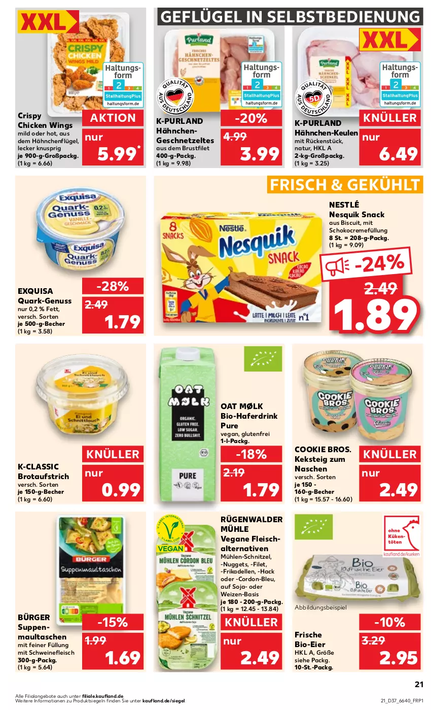 Aktueller Prospekt Kaufland - Prospekt - von 14.09 bis 20.09.2023 - strona 21 - produkty: angebot, angebote, aufstrich, Becher, bio, brot, brotaufstrich, brustfilet, chicken wings, cookie, creme, dell, drink, eier, eis, elle, exquisa, filet, fleisch, Fleischalternative, frikadellen, Geflügel, geschnetzeltes, hafer, Haferdrink, hähnchenflügel, Hähnchengeschnetzeltes, keks, maultaschen, natur, nesquik, nestlé, nuggets, nuss, purland, quark, rügenwalder, rügenwalder mühle, Schal, schnitzel, schoko, schwein, schweine, schweinefleisch, snack, soja, suppe, suppen, Tasche, taschen, Ti, Vegane Fleisch, wein, weine, Zelt