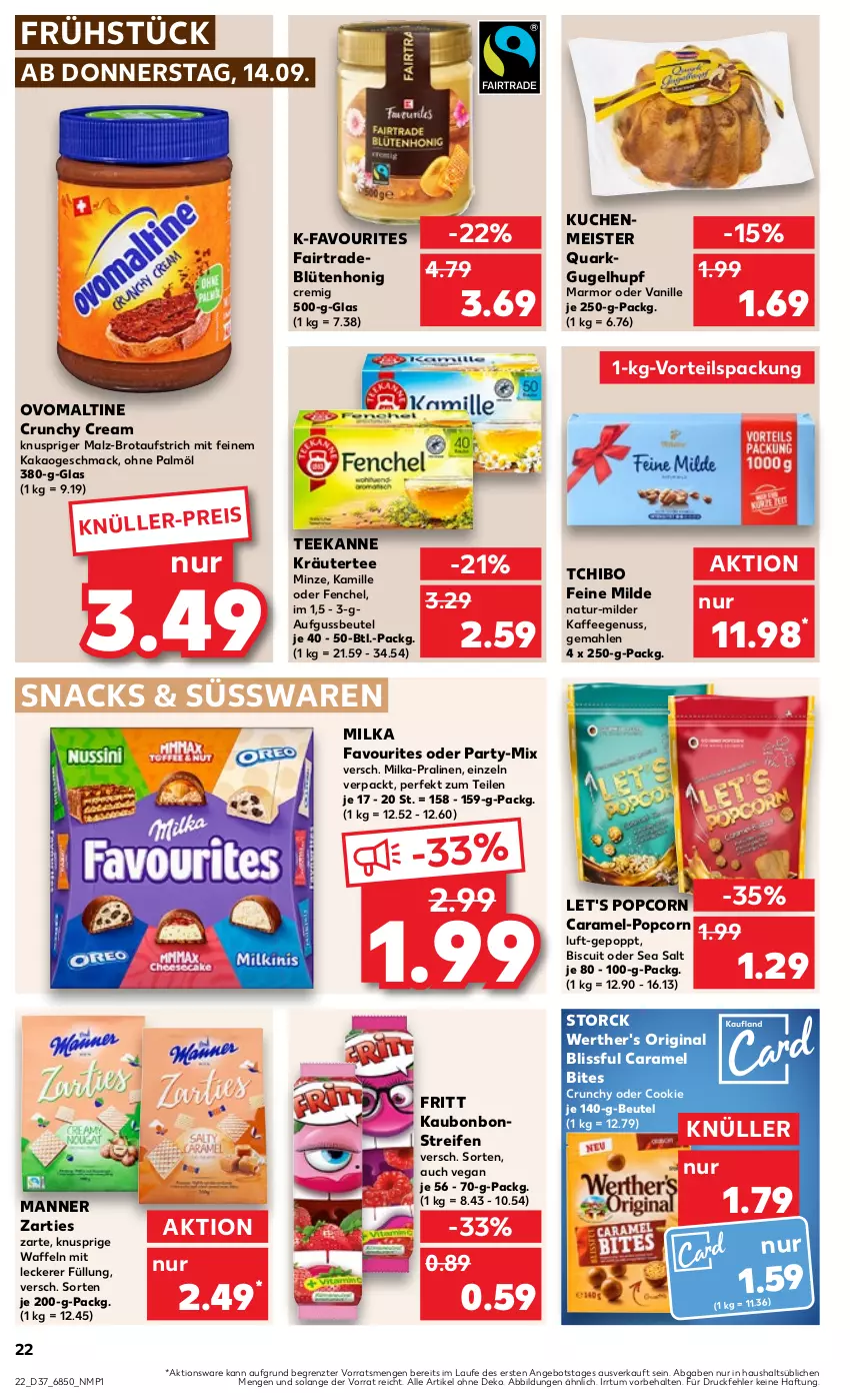 Aktueller Prospekt Kaufland - Prospekt - von 14.09 bis 20.09.2023 - strona 22 - produkty: angebot, aufstrich, beutel, bites, Blüte, blütenhonig, bonbons, brot, brotaufstrich, caramel, cookie, eis, fenchel, gin, honig, kaffee, kaffeegenuss, kakao, Kamill, kamille, kräuter, kuchen, kuchenmeister, mac, malz, Manner, Meister, milka, minze, natur, nuss, ohne palmöl, ovomaltine, popcorn, Popp, pralinen, quark, reifen, snack, snacks, storck, süsswaren, Tchibo, tee, teekanne, Ti, vanille, waffeln, werther's, ZTE