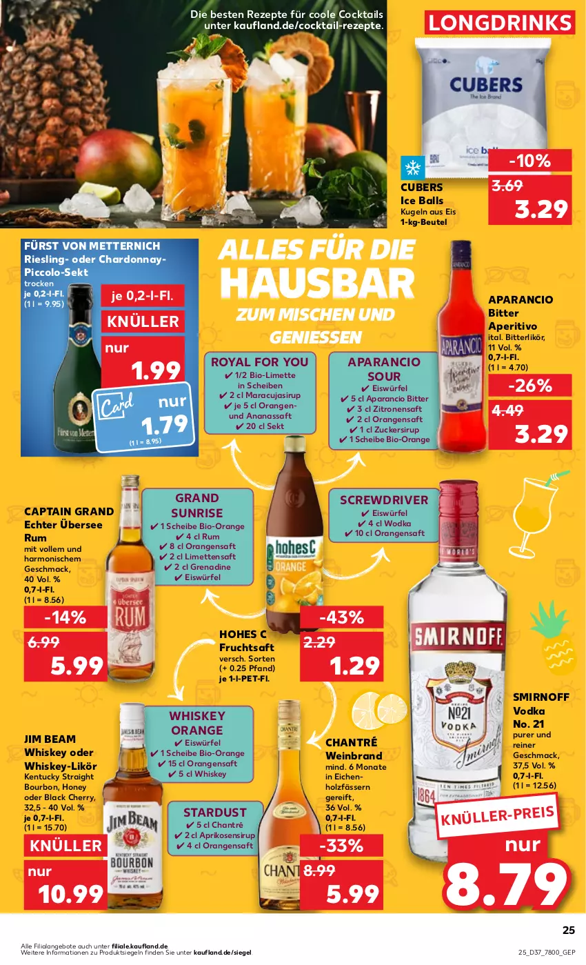 Aktueller Prospekt Kaufland - Prospekt - von 14.09 bis 20.09.2023 - strona 25 - produkty: ananas, angebot, angebote, aprikose, aprikosen, ball, beutel, bio, bourbon, Cap, chantré, chardonnay, cocktail, cocktails, drink, drinks, eis, eiswürfel, frucht, fruchtsaft, fürst von metternich, Hohes C, Holz, Ice Balls, jim beam, kentucky straight, Kugel, lack, likör, limette, limetten, mac, maracuja, Mett, metten, metternich, orange, orangen, orangensaft, rezept, rezepte, riesling, rum, saft, sekt, sirup, smirnoff, Ti, tuc, usb, vodka, wein, weinbrand, whiskey, wodka, würfel, Yo, zitrone, zitronen, zitronensaft, zucker