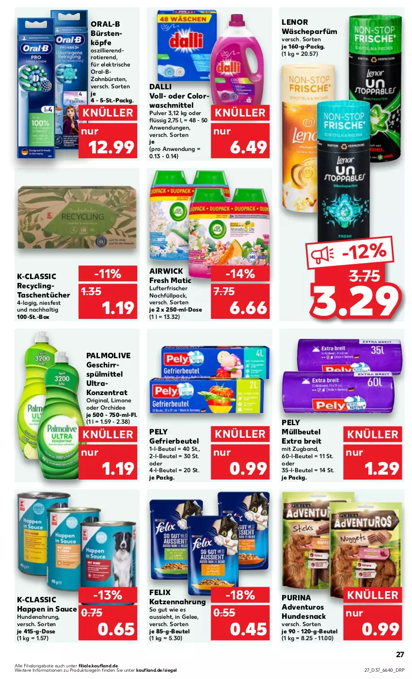 Aktueller Prospekt Kaufland - Prospekt - von 14.09 bis 20.09.2023 - strona 27 - produkty: adventuros, airwick, angebot, angebote, beutel, Brei, bürste, bürsten, Clin, colorwaschmittel, dalli, felix, gefrierbeutel, gelee, geschirr, geschirrspülmittel, gin, hundenahrung, hundesnack, katzennahrung, lenor, limo, lufterfrischer, müllbeutel, olive, oral-b, orchidee, palmolive, pely, purina, sauce, snack, spülmittel, Tasche, taschen, taschentücher, Ti, Tiere, tücher, wäscheparfüm, waschmittel, WICK, zahnbürste, zahnbürsten