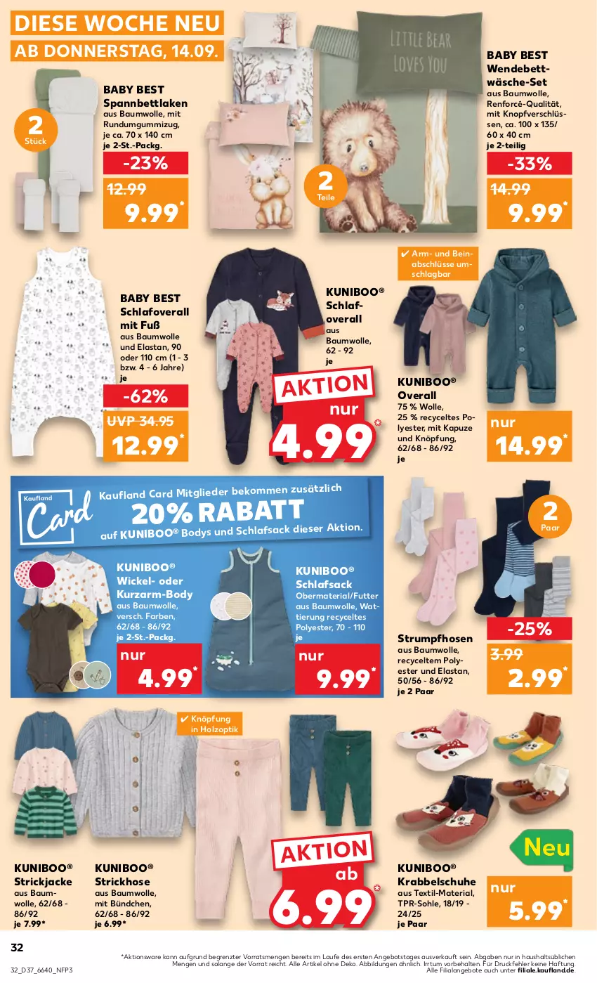 Aktueller Prospekt Kaufland - Prospekt - von 14.09 bis 20.09.2023 - strona 34 - produkty: angebot, angebote, Bau, baumwolle, beko, bett, bettwäsche, body, Holz, hose, hosen, Jacke, Overall, Ria, rum, sac, schlafsack, schuhe, spannbettlaken, Strickjacke, Strumpfhose, Ti, wendebettwäsche, WICK, wolle, ZTE