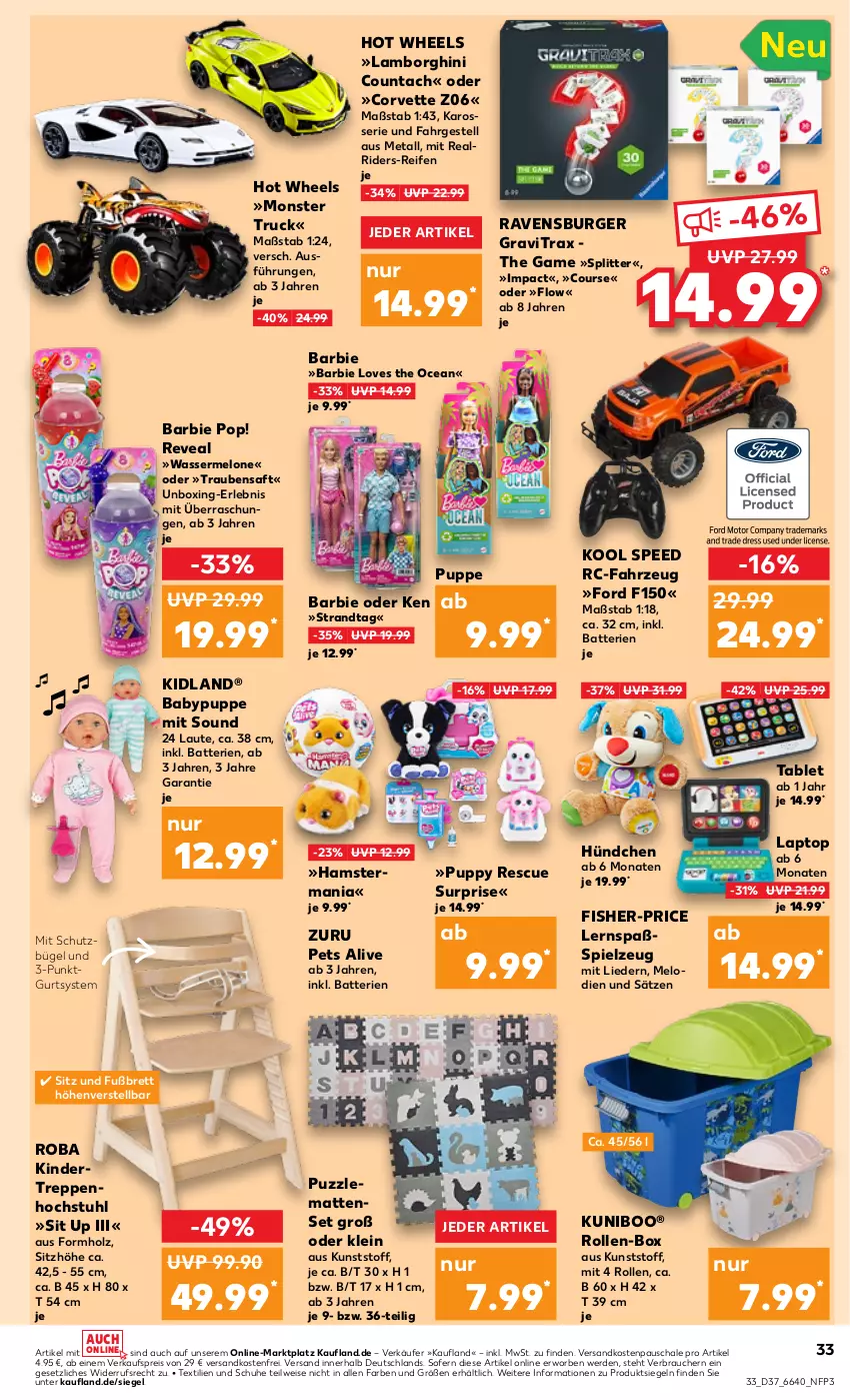 Aktueller Prospekt Kaufland - Prospekt - von 14.09 bis 20.09.2023 - strona 35 - produkty: Barbie, batterie, batterien, bügel, burger, eis, erde, Holz, Hot Wheels, Kinder, Laptop, melone, monster, Monster Truck, ndk, Puppe, Puzzle, Rauch, ravensburger, reifen, reis, roba, saft, Schal, Schale, schuhe, Sitzhöhe, spee, spielzeug, stuhl, tablet, Ti, trauben, Traubensaft, versandkostenfrei, wasser, wassermelone