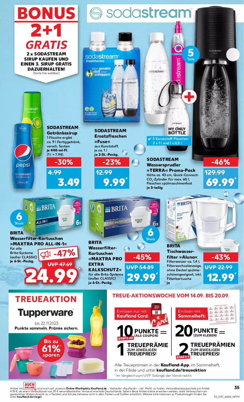 Aktueller Prospekt Kaufland - Prospekt - von 14.09 bis 20.09.2023 - strona 37 - produkty: brita, coupon, decke, Deckel, eis, Elan, erde, filterkartuschen, flasche, getränk, getränke, getränkesirup, Maxtra, ndk, Rauch, reis, rwe, Schal, Schale, schuhe, sirup, Soda, sodastream, spülmaschinen, Ti, tisch, versandkostenfrei, wasser, wasserfilter, wassersprudler